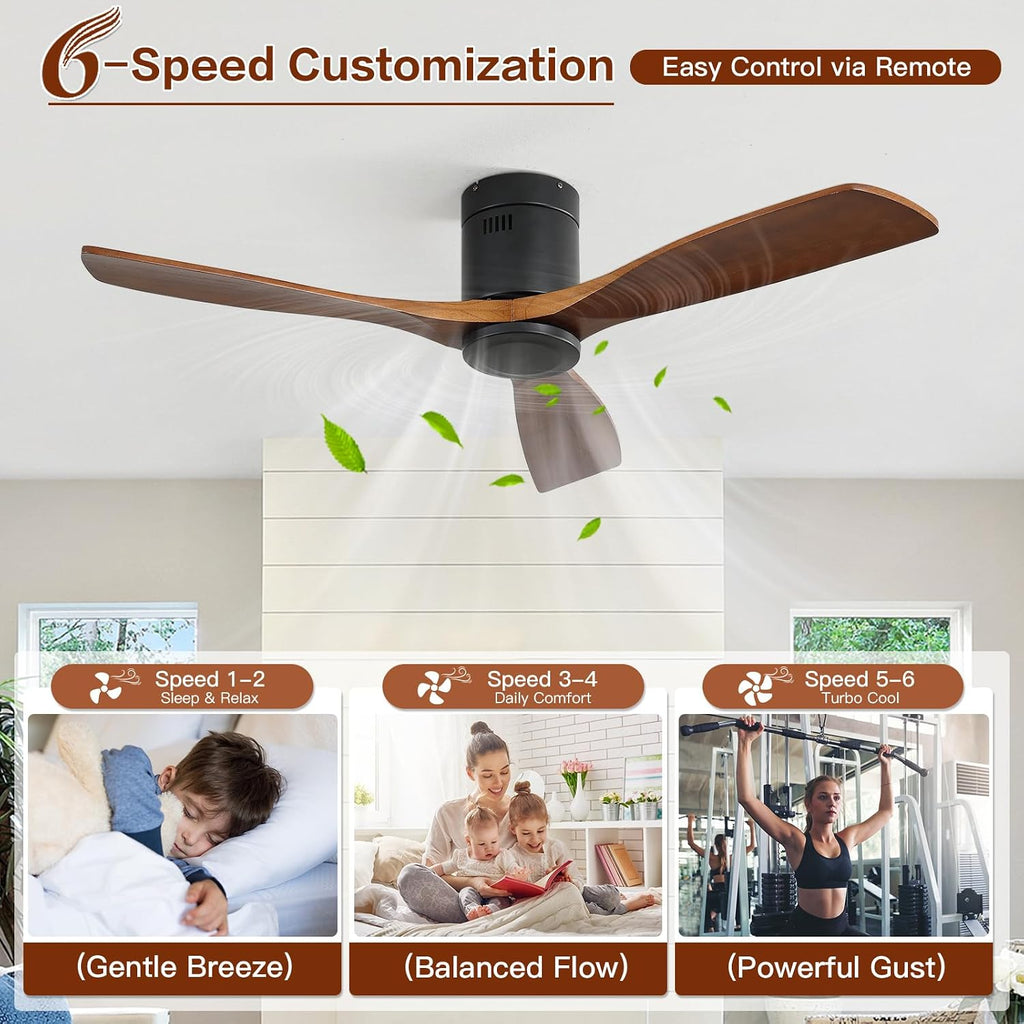 Sofucor 52' Low Profile Ceiling Fan with Remote Control, Outdoor Ceiling Fan No Light with 3 Walnut Blades, Multi-speed, Timer, Reversible DC Motor for Patio Living Room Bedroom Office Black