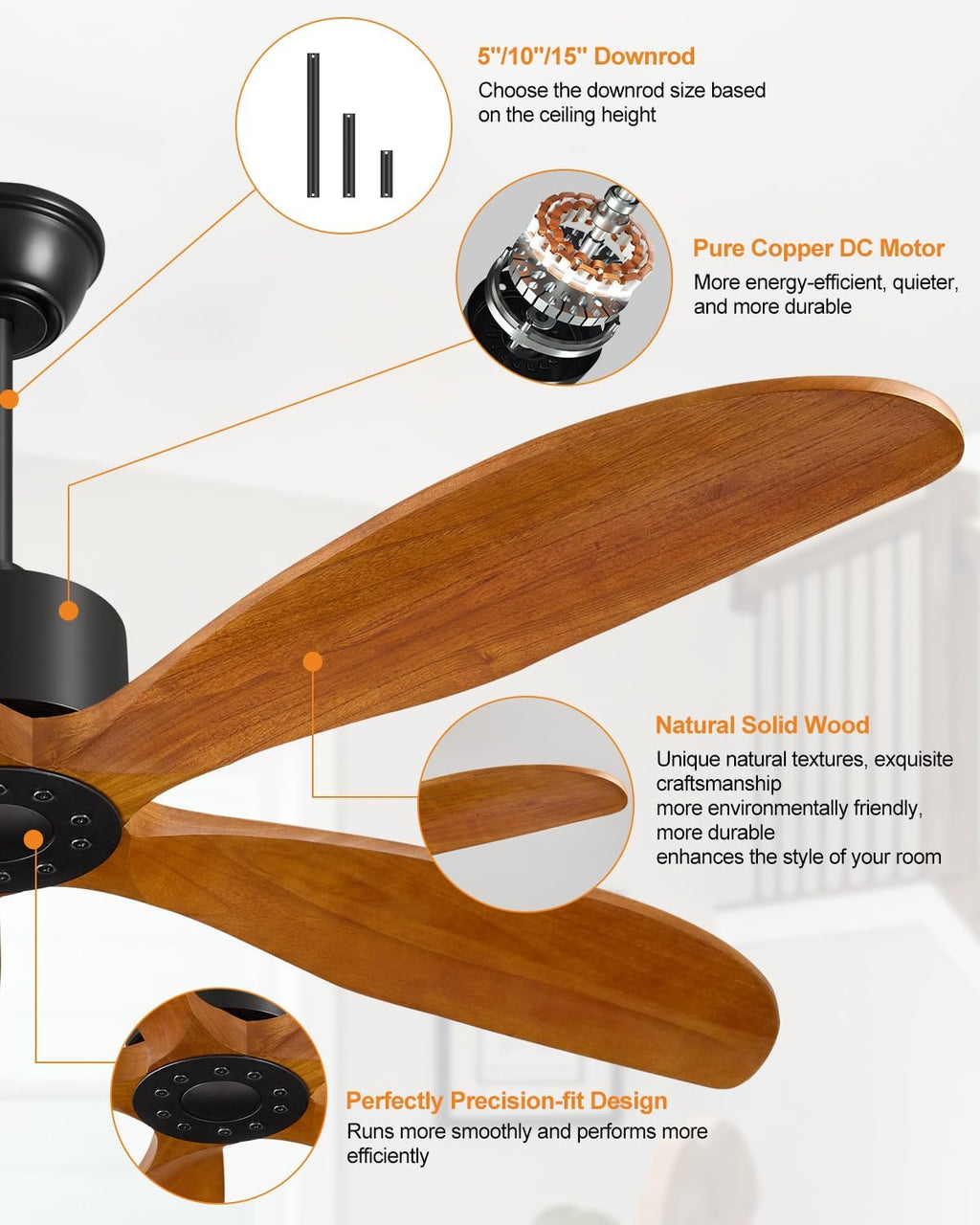Yahada 52 Inch Ceiling Fan No Light with Remote, USA Original Patent Outdoor Ceiling Fans, 5 Wood Blades, 3 Downrods, Timer, 6 Speeds ETL DC Motor Fans for Patios Bedroom, Yellow Walnut