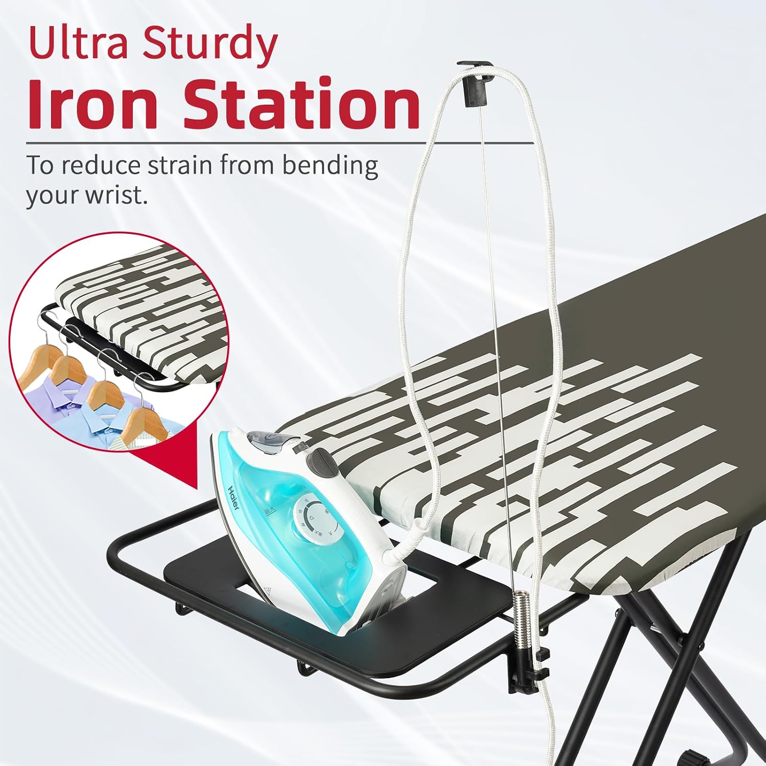 Extra Large Ironing Board with Hang Rail and Iron Rest 64' L x 20' W x 38' H (Large with Sliding Iron Rest)