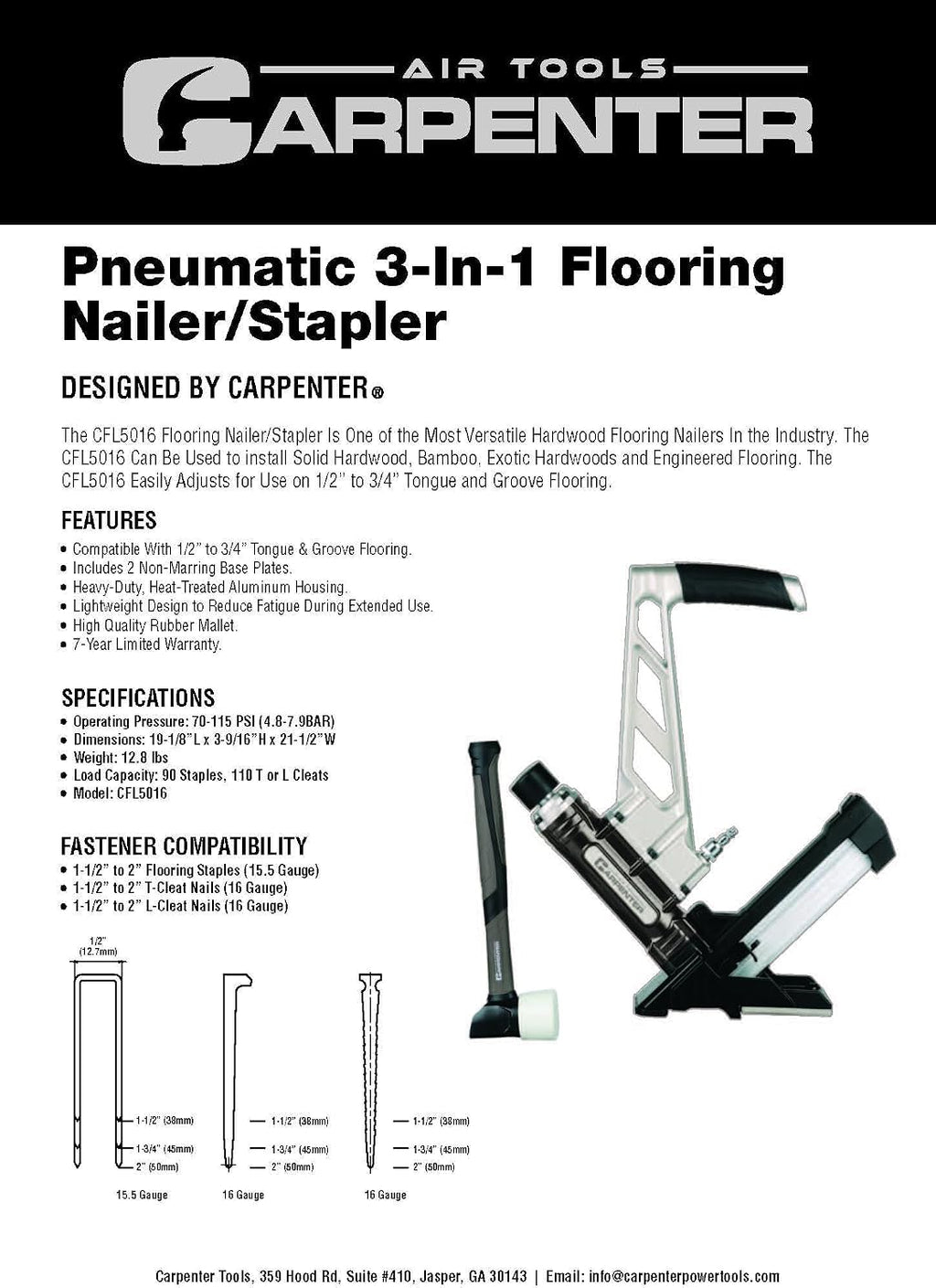 CFL5016 7 Year Warranty - Carpenter Pneumatic 3-In1 Flooring Nailer & Stapler