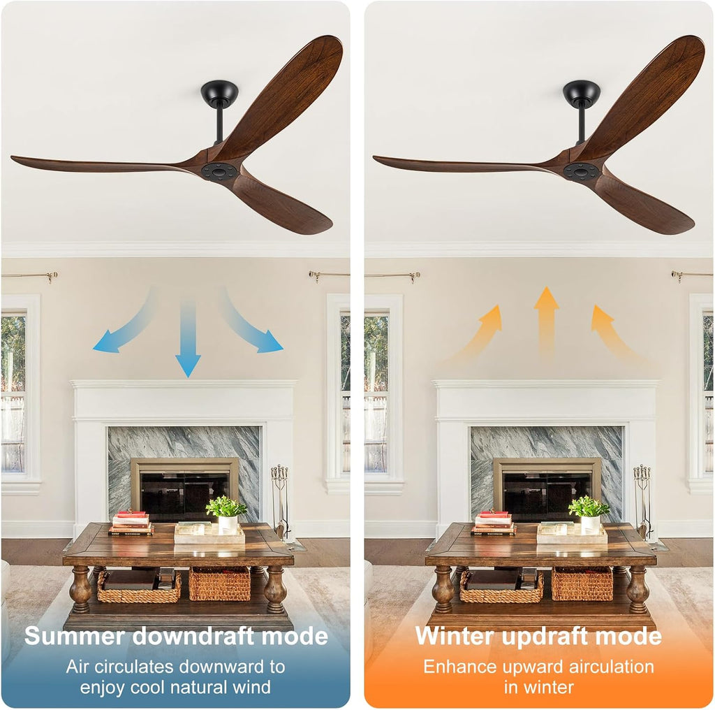 72 inch Ceiling Fans Without Lights, Large Ceiling Fan no Light, Wet Rated Outdoor Ceiling Fans for Patios Outside Porch, High CFM speed DC Motor, 3 Blade Walnut Wood Ceiling Fan with Remote