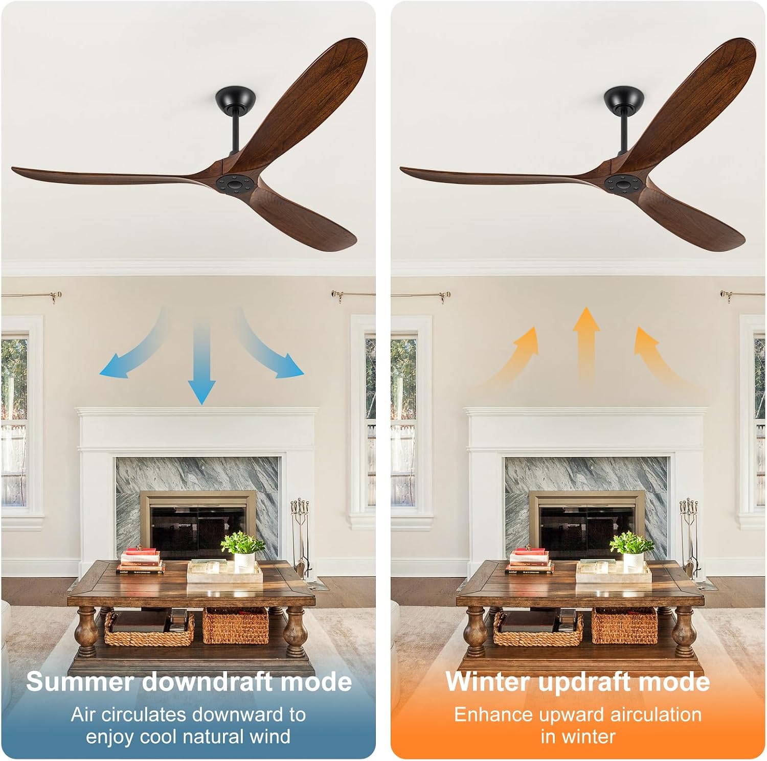 72 inch Ceiling Fans Without Lights, Large Ceiling Fan no Light, Wet Rated Outdoor Ceiling Fans for Patios Outside Porch, High CFM speed DC Motor, 3 Blade Walnut Wood Ceiling Fan with Remote