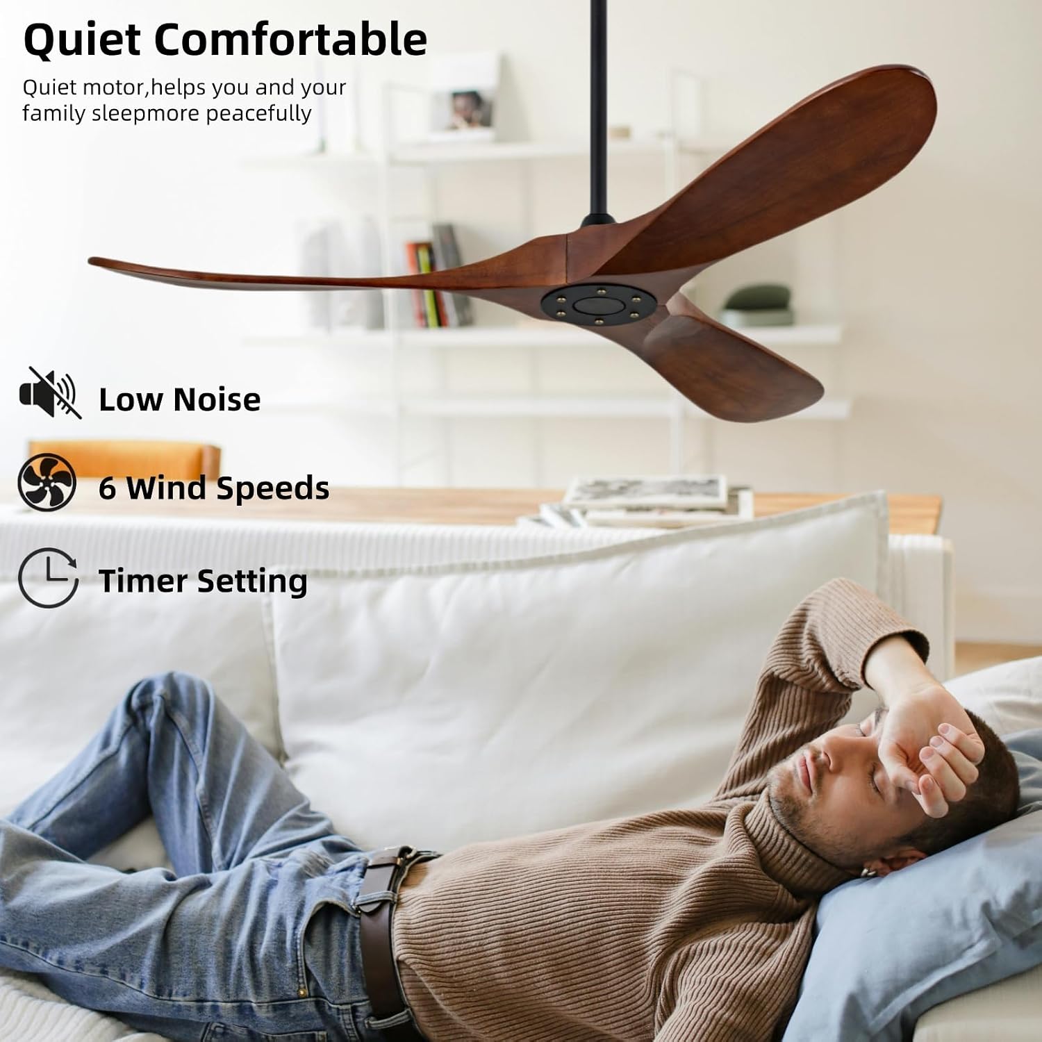 60 inch modern style ceiling fan with remote control, unlit outdoor large ceiling fan, silent dc motor for large living room, dining room, porch, farmhouse(Dark Walnut, 60 inch)