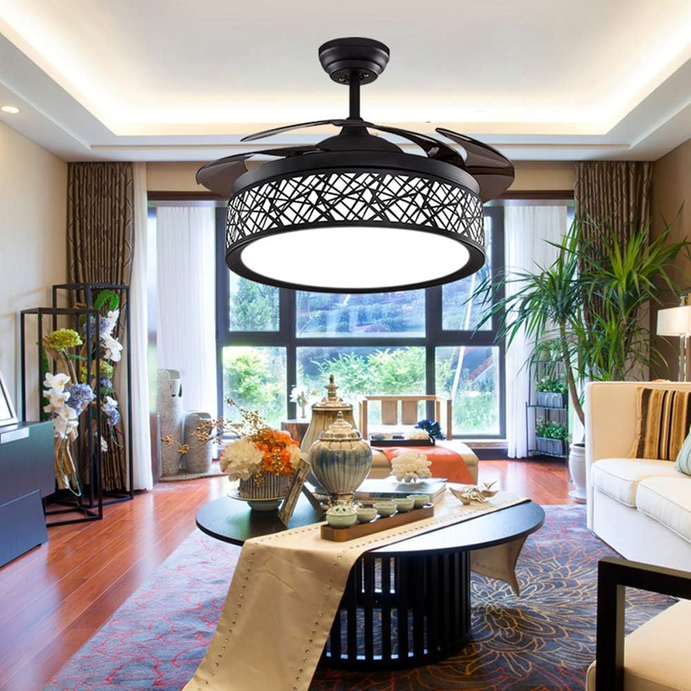 42in Retractable Ceiling Fan with Remote and Lights Black, Modern Silent Chandelier Fans Lighting with 3 Light Colors 3 Speed for Dining/Living Room Hotel