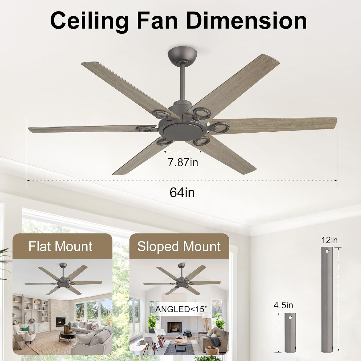 WINGBO Ceiling Fan no Light - 64 inch Ceiling Fan with Remote Control,6 Blades Modern Ceiling Fan, 6-Speed Noiseless Timer Powerful DC Motor, ETL Listed, Indoor/Outdoor,Charcoal gray +Light gray