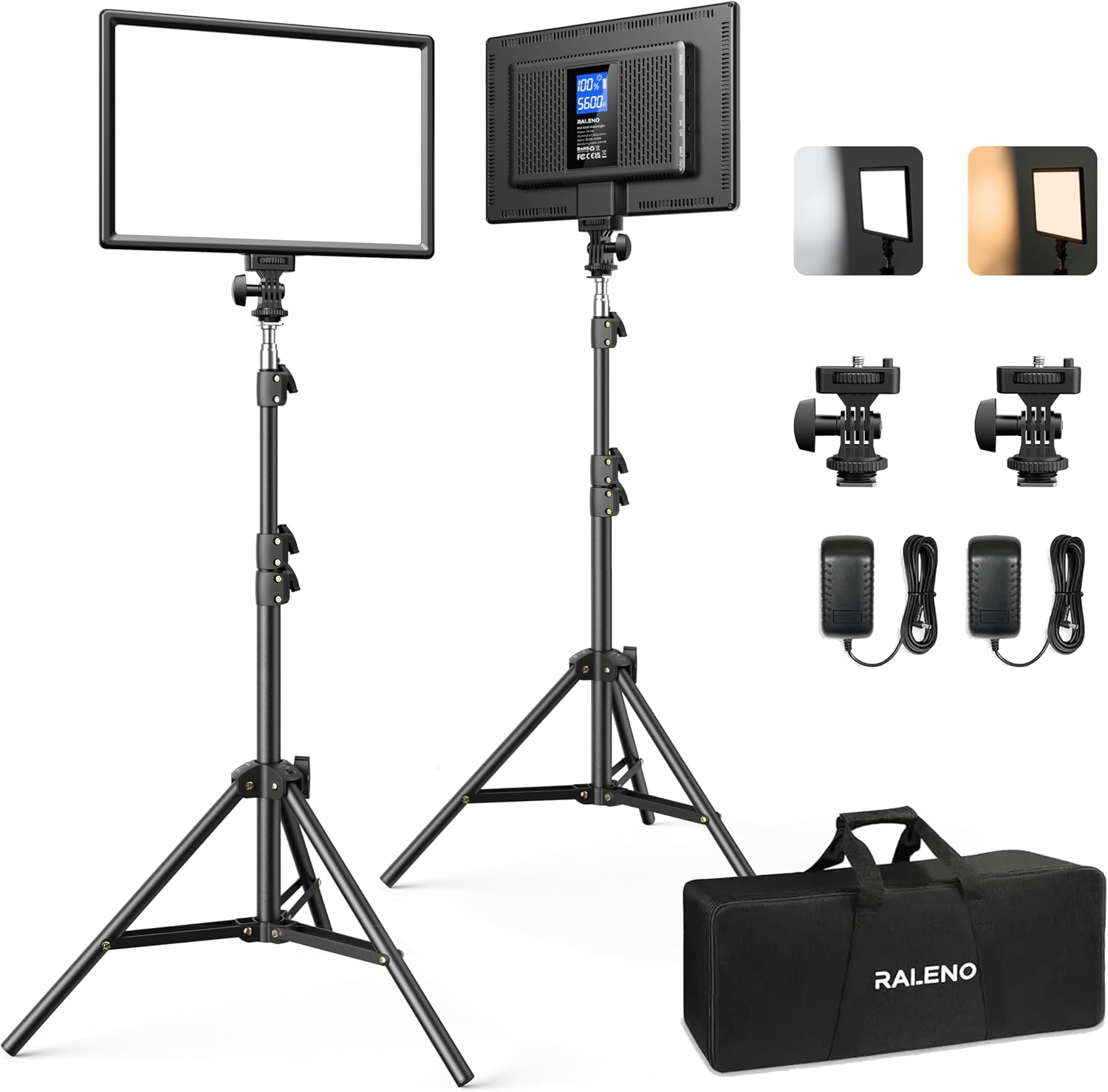 RALENO 13' Edge-Lit LED Video Light Panel Kit (2-Pack), Bi-Color 2500K-6500K Soft Studio Lights with CRI 95+, 75' Stand & 8000mAh Battery, Photography Light for Streaming/Zoom/YouTube/Makeup