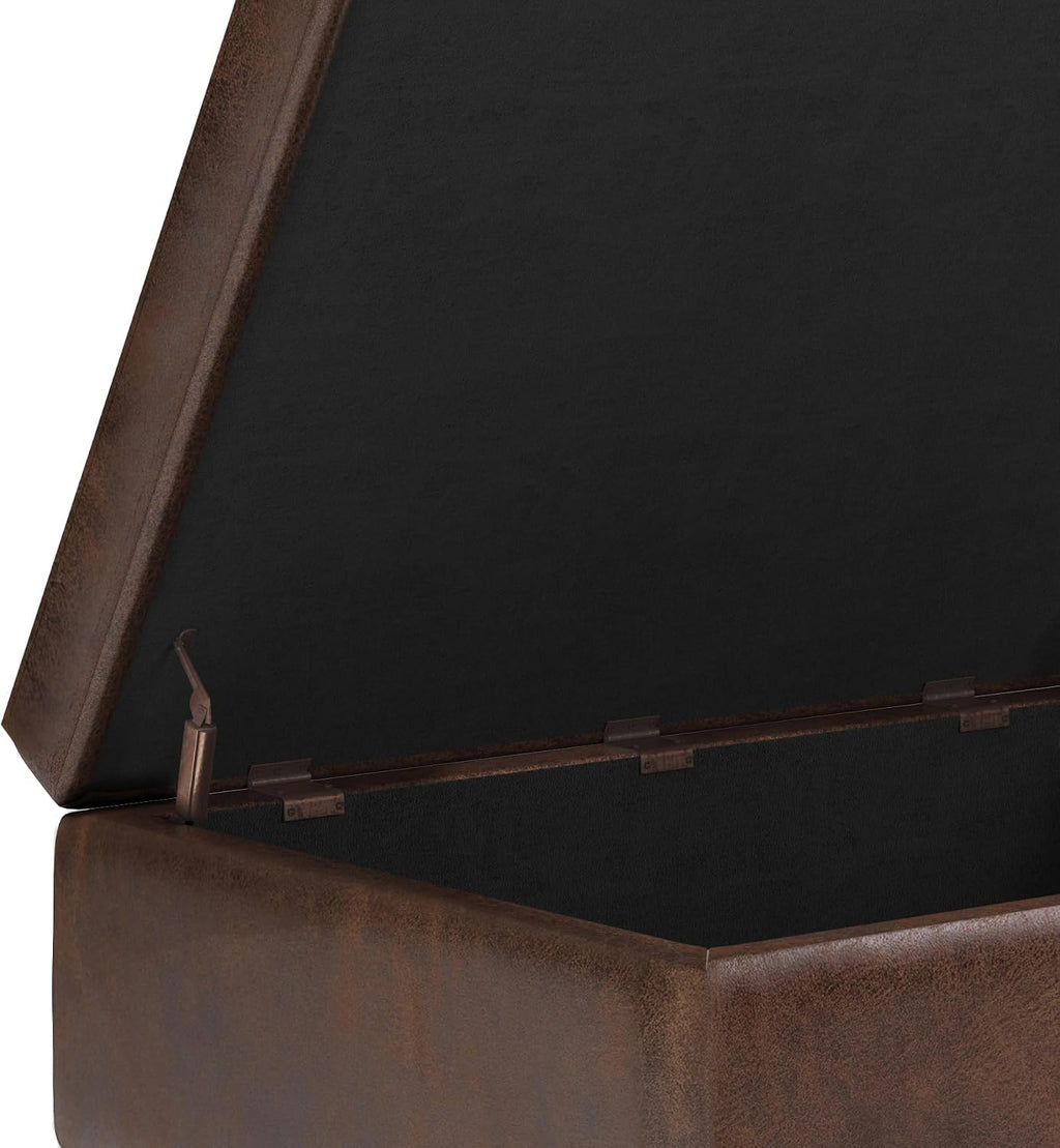 SIMPLIHOME Shay Coffee Table Storage Ottoman - 34 inch Wide Upholstered Vegan Leather Small Rectangle Ottoman in Distressed Chestnut Brown, Mid-Century Modern Tufted Ottoman for Entryway with Lift Top