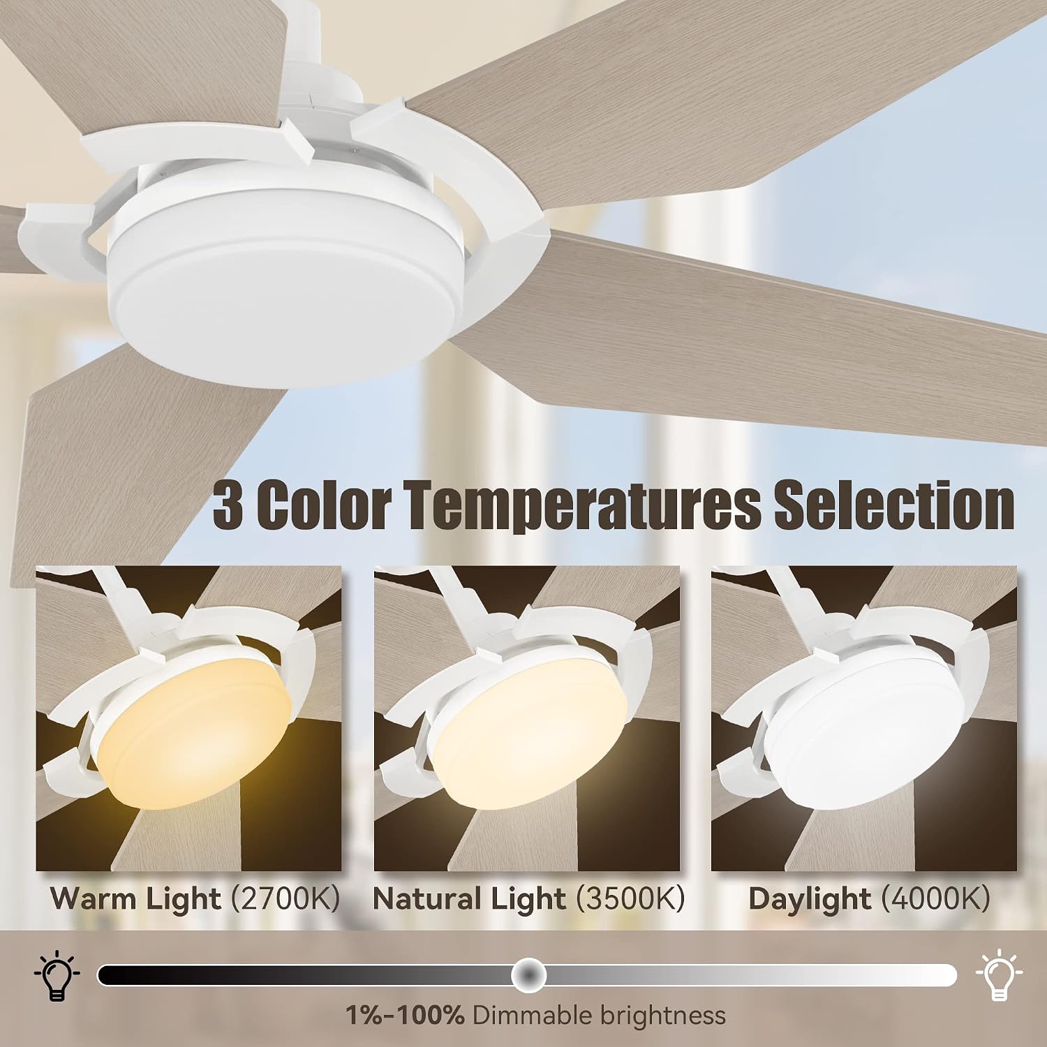 SMAAIR 5 Blades Outdoor Smart Ceiling Fan with Dimmable Light Kit and 10-Speed DC Motor, Works with Remote Control/Alexa/Google Home/Siri, Timer, Schedule (White/Wooden Pattern)
