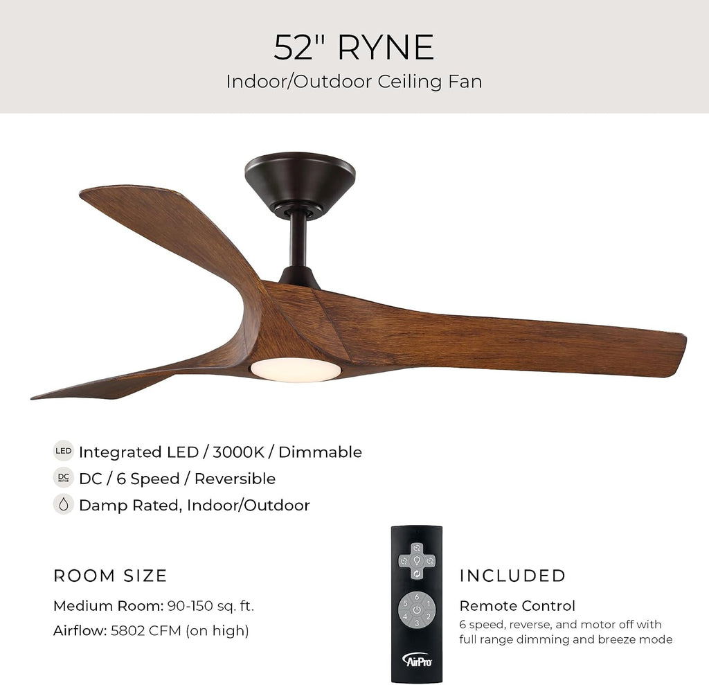 Progress Lighting Ryne Collection 52-Inch 3-Blade Woodgrain LED DC Motor Transitional Indoor/Outdoor Ceiling Fan, Brown