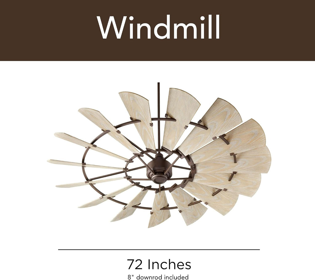 Quorum 196015-86 Windmill 60 Inch Ceiling Fan | 15 Blade Wagon Wheel Design | 6 Speed Reversible DC Motor | Remote Control Included | Damp Rated Fan | Weathered Oak Blades | Oiled Bronze Finish