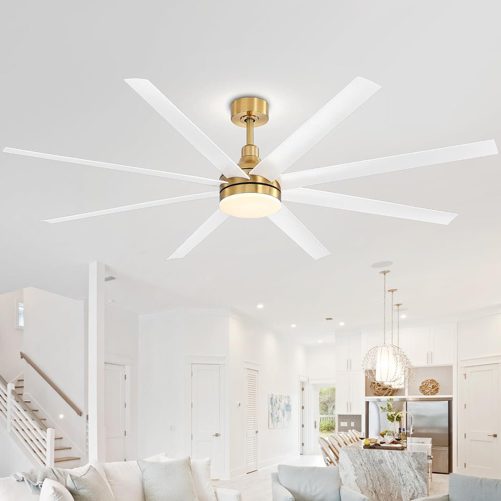 72 Inch Ceiling Fans with Lights and Remote, 8-Blade, Quiet Reversible DC Motor, 6-Speed, Timer Function, 3 Color Led Light Chandelier, Industrial Ceiling Fan for Bedroom Living Room (Gold & White)