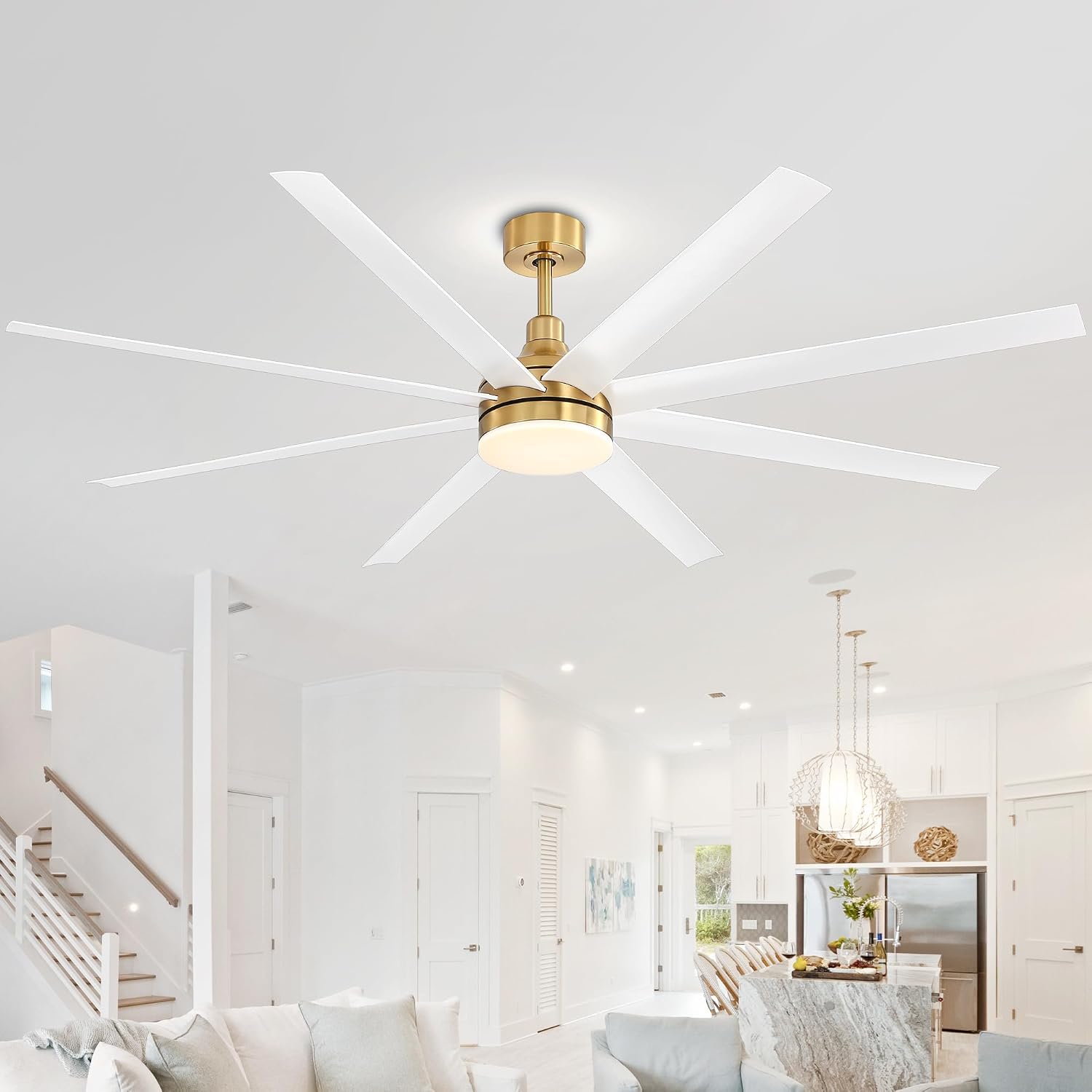 72 Inch Ceiling Fans with Lights and Remote, 8-Blade, Quiet Reversible DC Motor, 6-Speed, Timer Function, 3 Color Led Light Chandelier, Industrial Ceiling Fan for Bedroom Living Room (Gold & White)