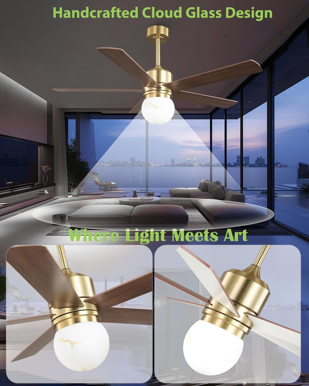 52' Gold Ceiling Fan with Light and Remote, Modern Brushed Gold Indoor Ceiling Fan, Reversible DC Motor, Dimmable LED 3 Color Temp 3000K/4000K/5000K, Dual-Finish White/Walnut Blades