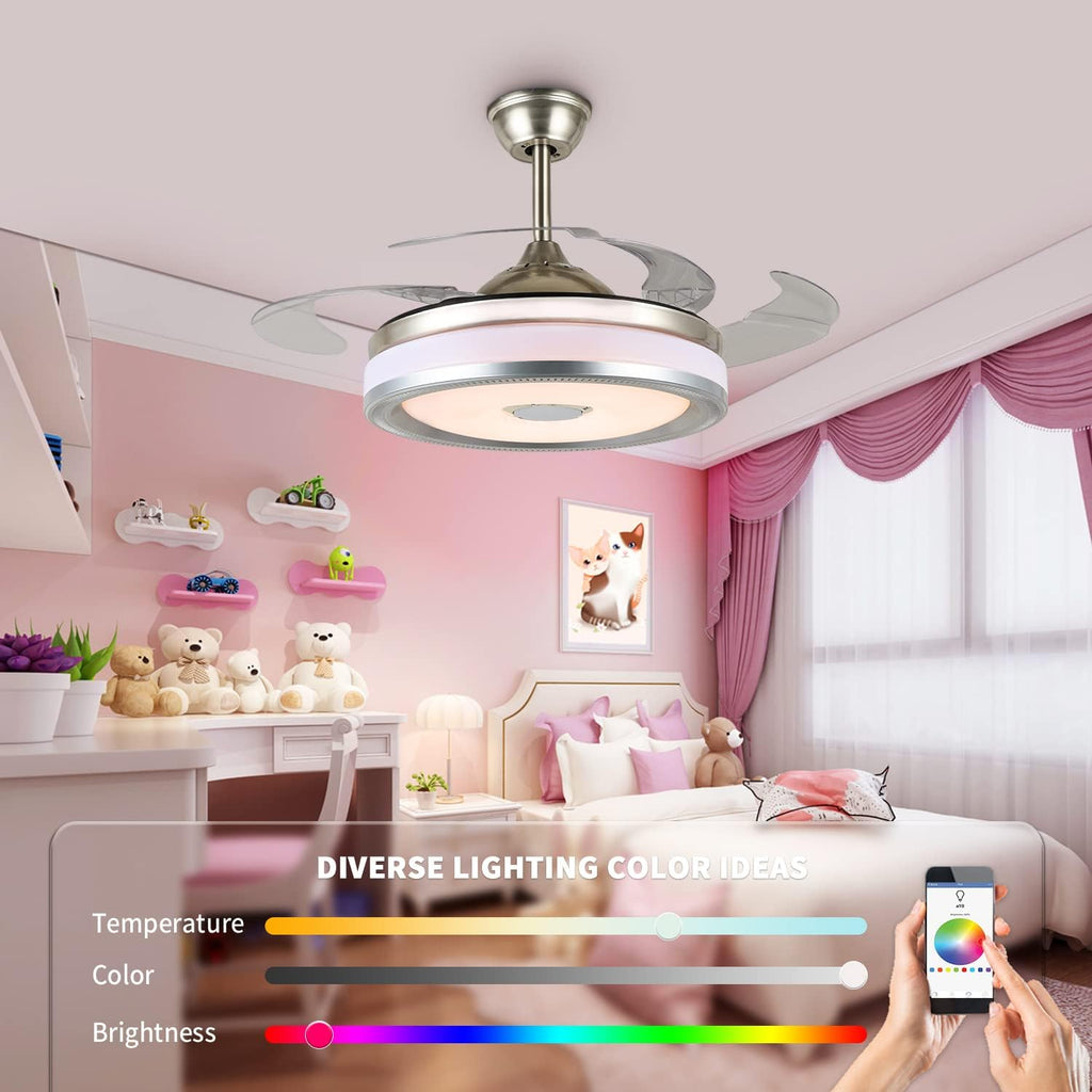 42' Modern Retractable Bluetooth Ceiling Fans with Lights and Remote Control, Invisible Chandelier Fan Lighting with Speaker Play Music 7 Colorful Dimmable Fixture for Bedroom/Living/Room