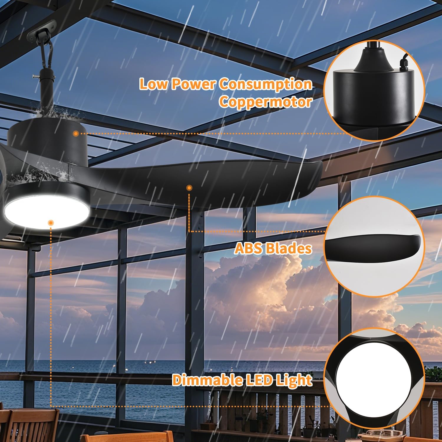 42 Inch Outdoor Ceiling Fan with Light, Plug In Waterproof Black Ceiling Fan for Patio Gazebo Pergola, Hanging Fan with Hook, Remote Control, 6-Speed Fan & Dimmable LED