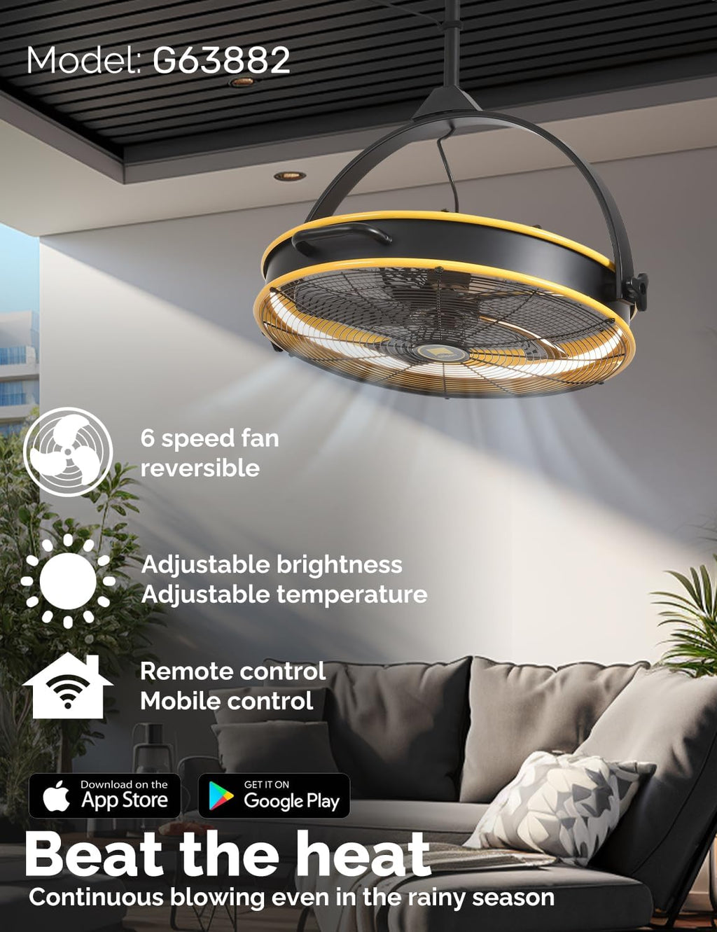 Orison 24.8'' Outdoor/Indoor Garage Ceiling Fan, 6 Speed Ceiling Mounted Plug-In Cord Garage Fan with Remote&APP, Manual Vertical Rotation, Hook hanging for Gazebo, Patio, Yellow