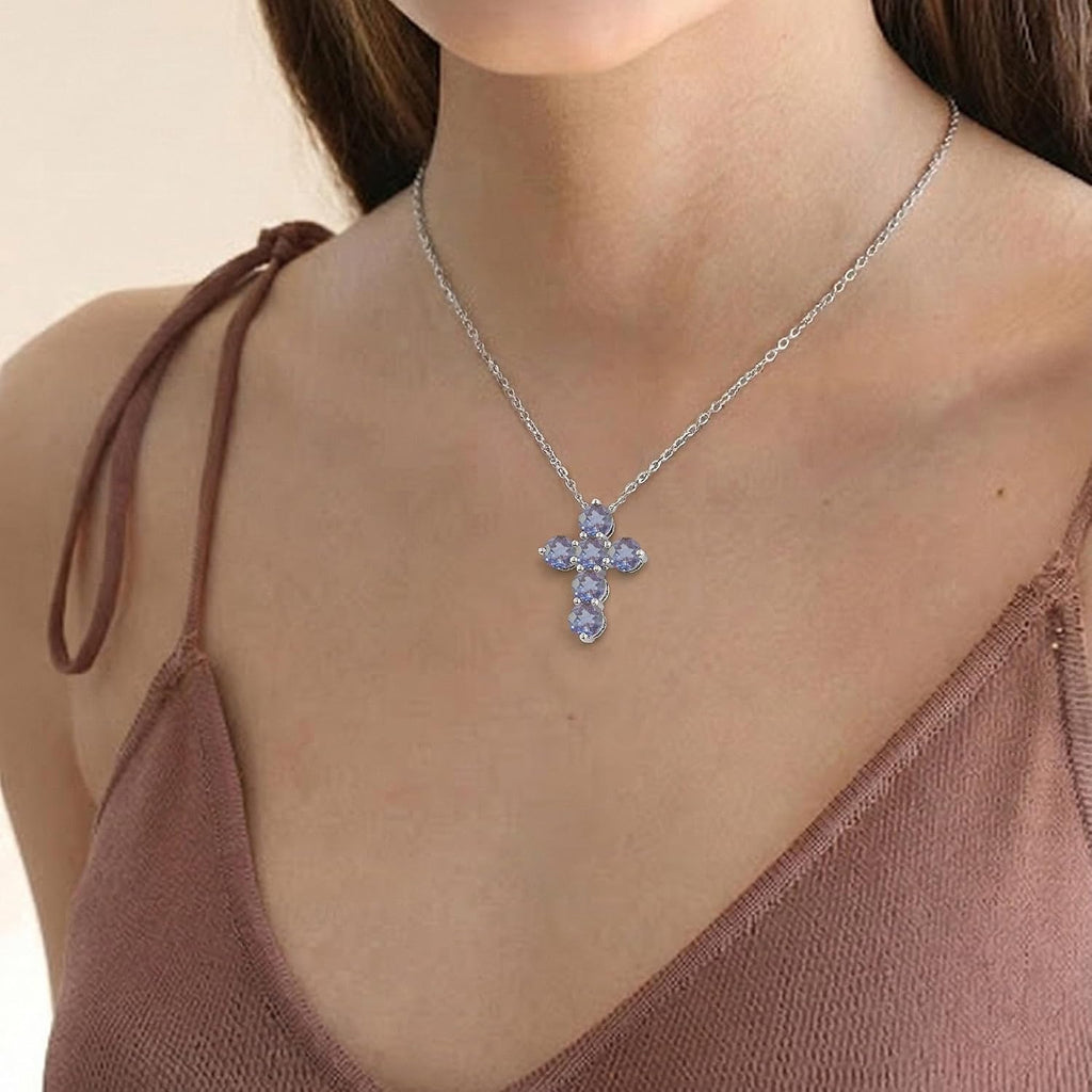 GOODSTONE JEWELS 925 Sterling Silver Cross Pendant Necklace for Women | Size 16+2 Inch Cable Chain with Lobster Clasp | Natural Birthstone Jewelry Gift for Her