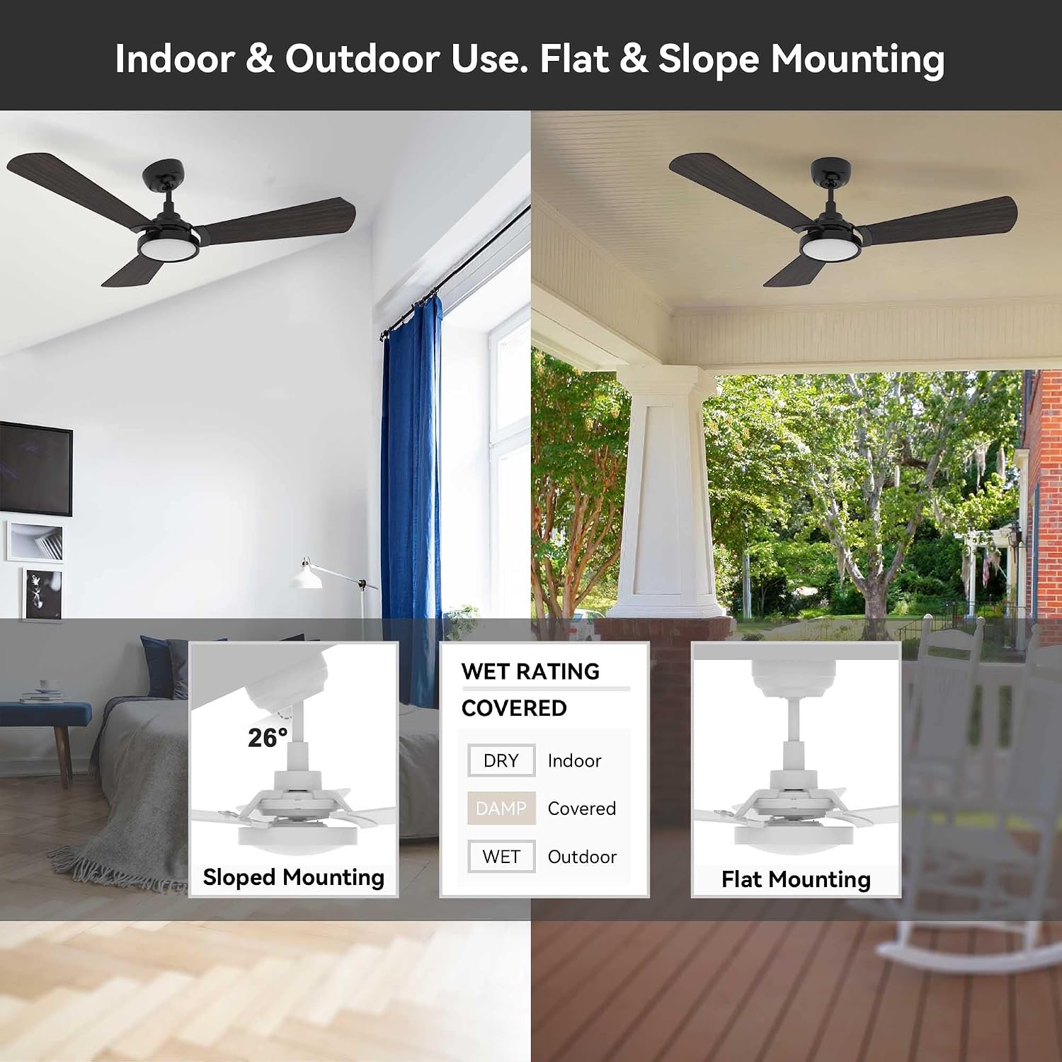 SMAAIR 56' Outdoor Smart Ceiling Fan with Lights and Remote Control, Compatible with Alexa/Google Home/Siri, Dimmable LED Light and 10-speed DC Motor (56 INCH, Black & Dark Walnut)