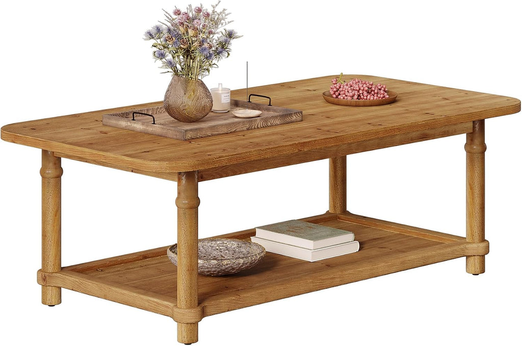 47' Rectangle Coffee Table, Solid Wood Center Table with 2-Tier Storage, Modern Farmhouse Coffee Furniture for Living Room, Home & Family Room, Light Brown