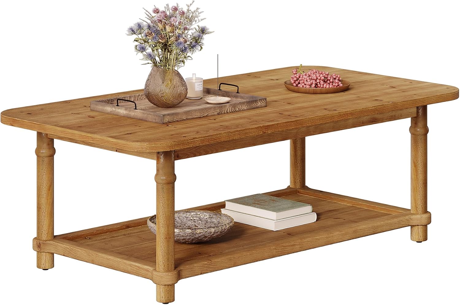 47' Rectangle Coffee Table, Solid Wood Center Table with 2-Tier Storage, Modern Farmhouse Coffee Furniture for Living Room, Home & Family Room, Light Brown