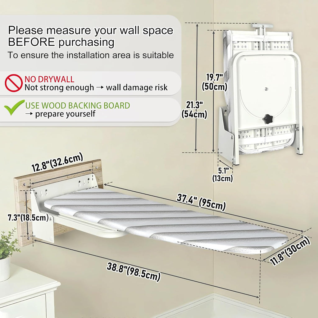uyoyous Wall Mounted Ironing Board 37.4x11.8 inch Compact Folding Iron Board Wall Mount Space-Saving 180° Swivel Ironing Boards with Heat Resistant Cover for Home Laundry Room, Small Spaces