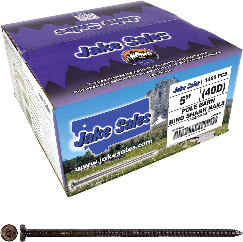 Jake Sales 5' Tempered Hard Steel - Ring Shank Pole Barn Nails. 40D - 35 Pounds ~ 966 Nails. Used for load-bearing, wood framed, pole barn structures.