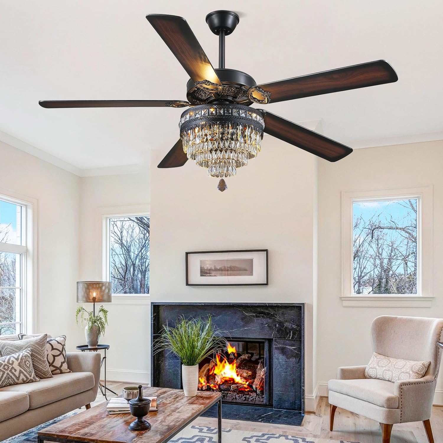 Asyko 62' Crystal Ceiling Fan Fandelier with Lights - Black Modern Crystal Chandelier Fans with Remote Control，Noiseless DC Motor, Retro/Farmhouse Lighting, Dining Room， Living Room