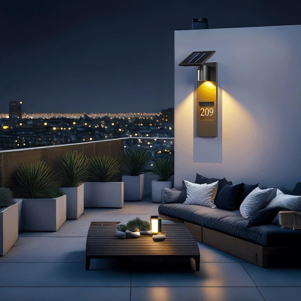 Solar Address Outdoor Wall Light Stainless Steel Exterior Wall Lamp House Number Wall Lantern Dusk to Dawn Waterproof LED Porch Light for Villa Garden Patio Porch Entryway Cottage