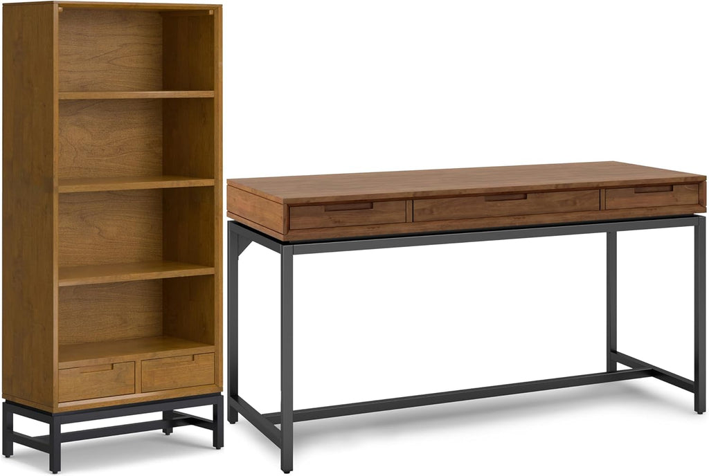 SIMPLIHOME Banting Desk and Bookcase Bundle - 60 inch Wide Solid Wood Desk with Drawers and 30 inch Wide 4-Shelf Bookcase in Medium Saddle Brown, Modern Industrial Home Office Furniture (Set of 2)