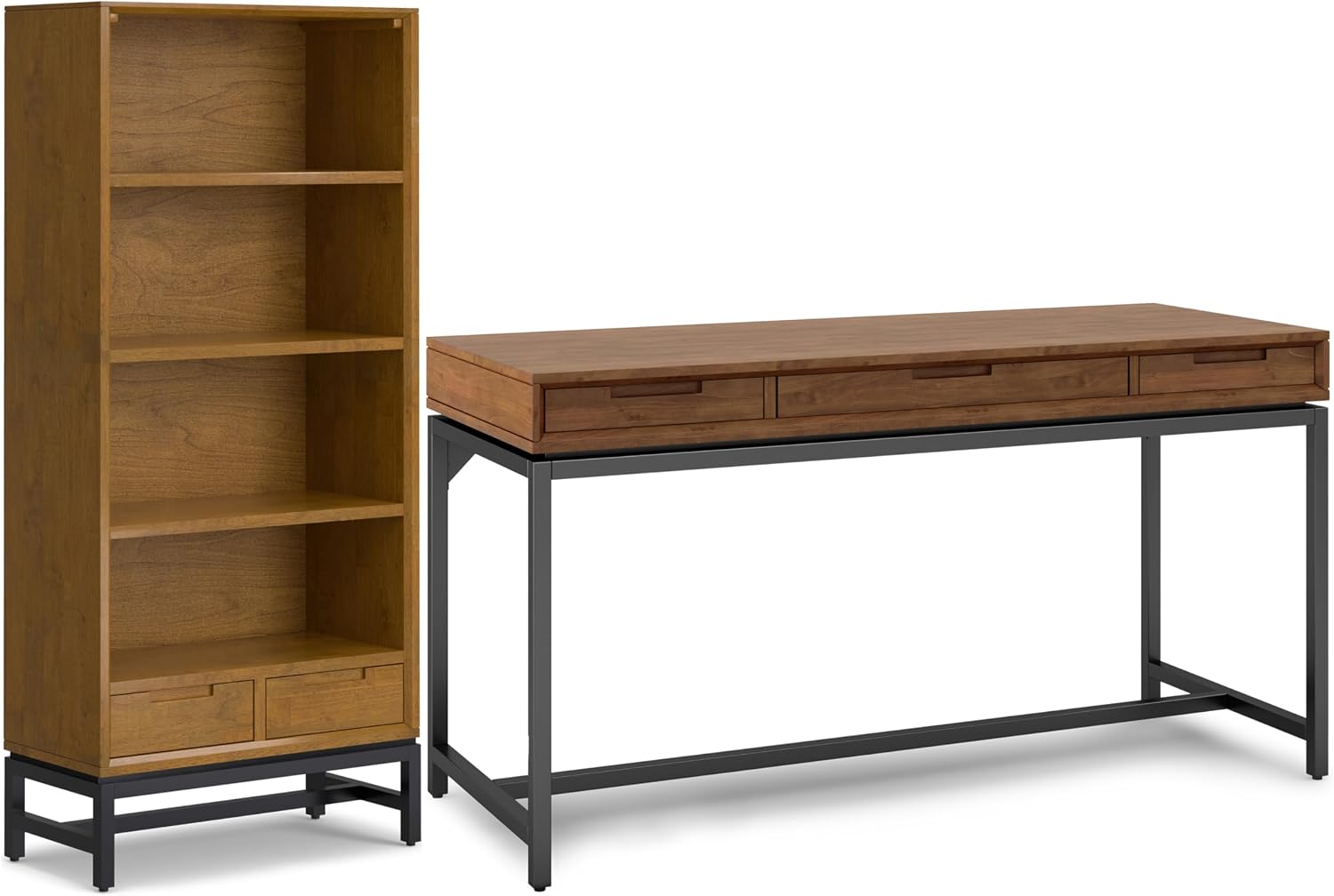 SIMPLIHOME Banting Desk and Bookcase Bundle - 60 inch Wide Solid Wood Desk with Drawers and 30 inch Wide 4-Shelf Bookcase in Medium Saddle Brown, Modern Industrial Home Office Furniture (Set of 2)