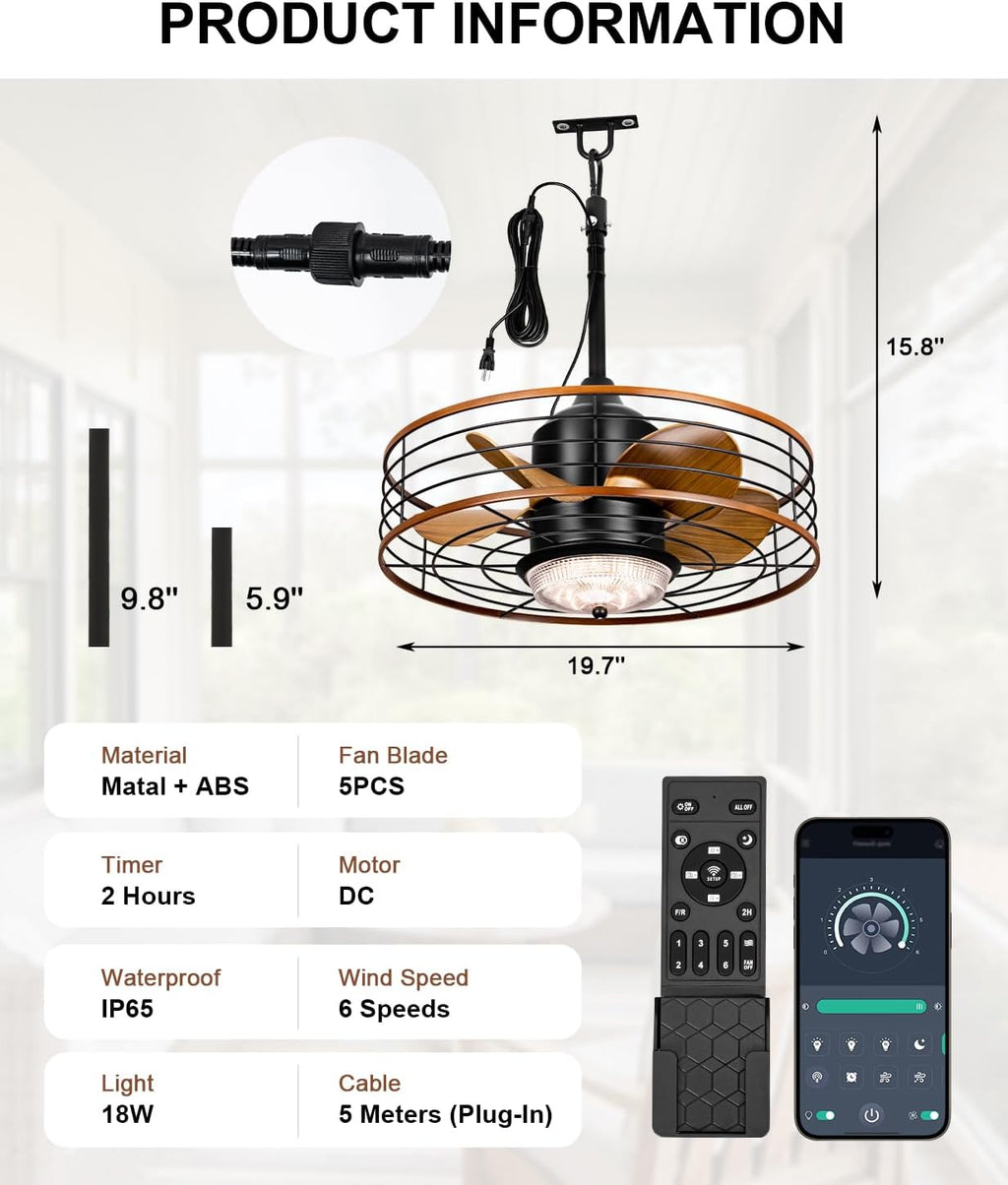 Outdoor Waterproof Caged Ceiling Fan with 3 Color LED Light, App/Remote Control, Quiet DC Motor, Plug-in Cord Hook Installation,Gazebo Ceiling Fan with Light for Patios, Pergola, Canopy