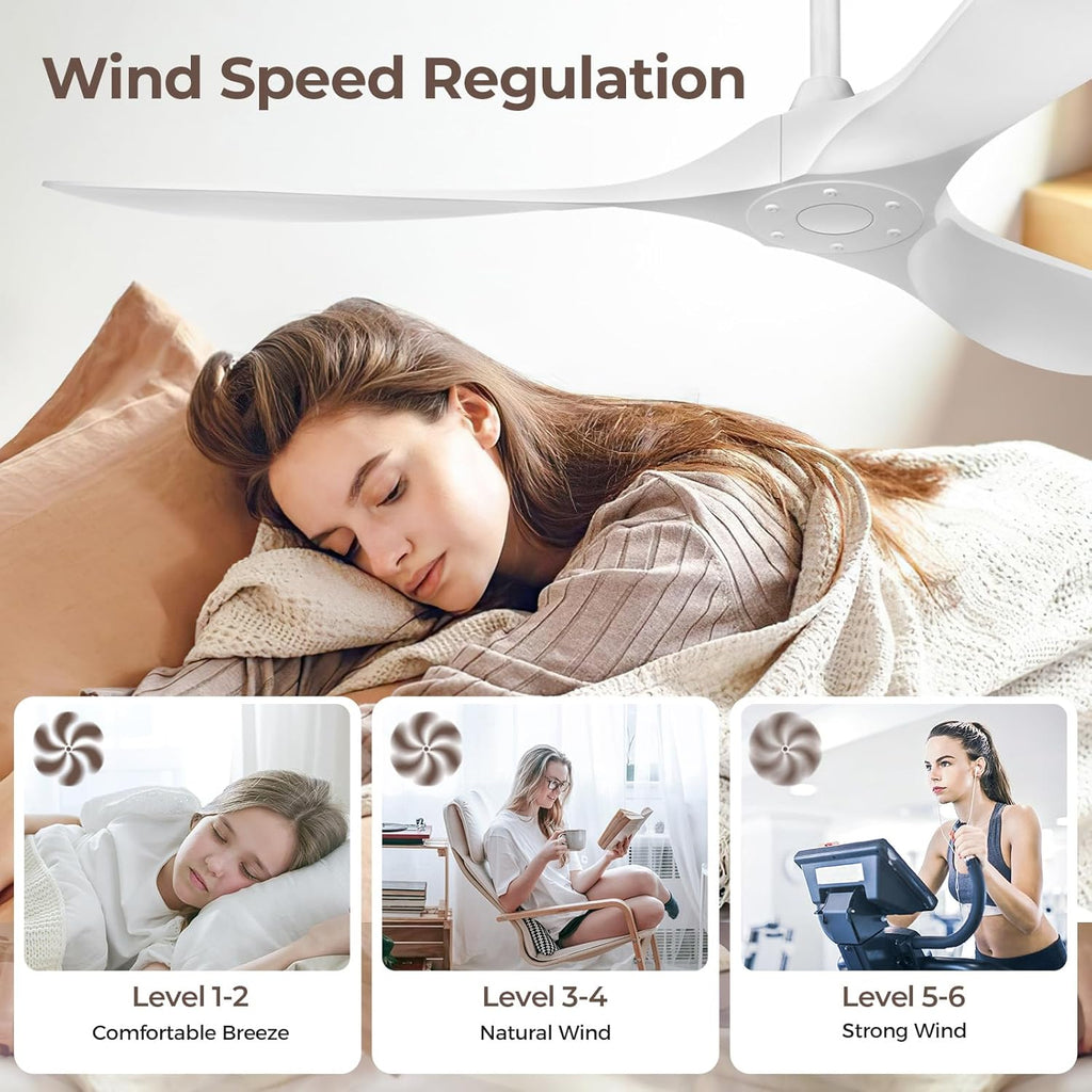 Obabala Ceiling Fan Without Lights,Outdoor Ceiling Fan with Remote, 6-Speed Adjustable Reversible DC Motor for Patio & Living Room (White, 52 in)