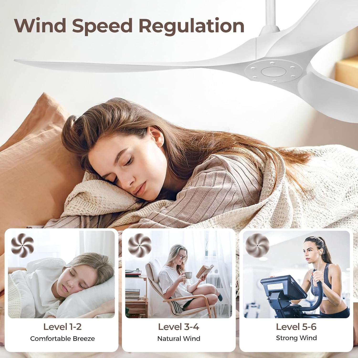 Obabala Ceiling Fan Without Lights,Outdoor Ceiling Fan with Remote, 6-Speed Adjustable Reversible DC Motor for Patio & Living Room (White, 52 in)