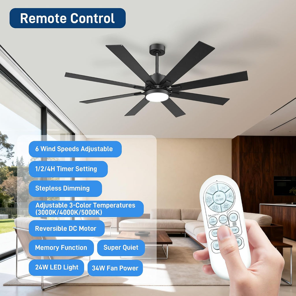 62 Inch Ceiling Fans with Lights and Remote Control, Low Profile & Downrod Mount 8-Blade Modern Black Ceiling Fan, 3CCT Dimmable LED Light, Quiet DC Motor for Bedroom Living Room, ETL Listed