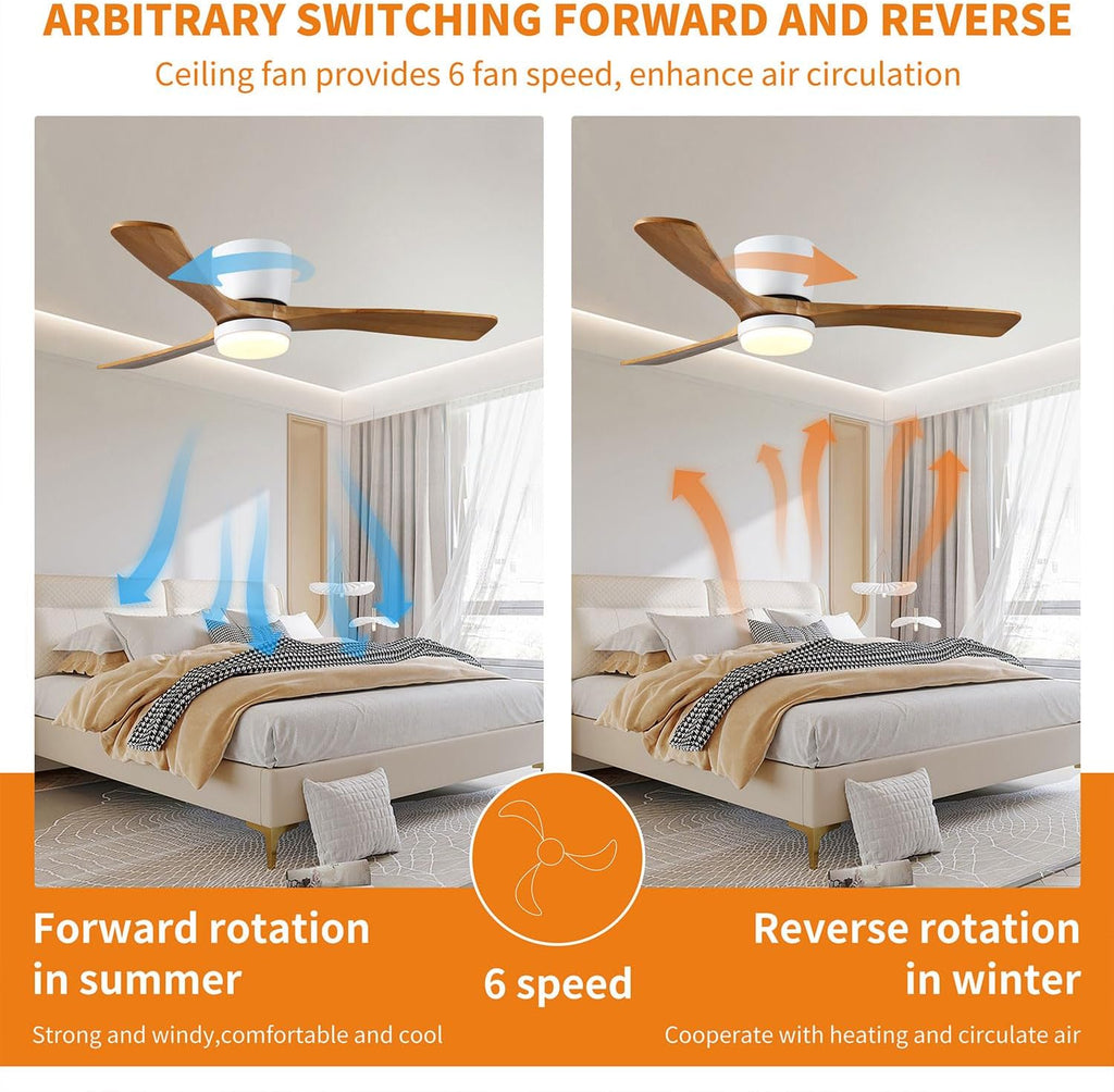 42' Ceiling Fan with Lights, Low Profile Wood Flush Mount Fan with Remote & APP Control, Quiet DC Motor, 6-Speed Reversible, 3CCT Dimmable LED for Bedroom Living Room, White Walnut