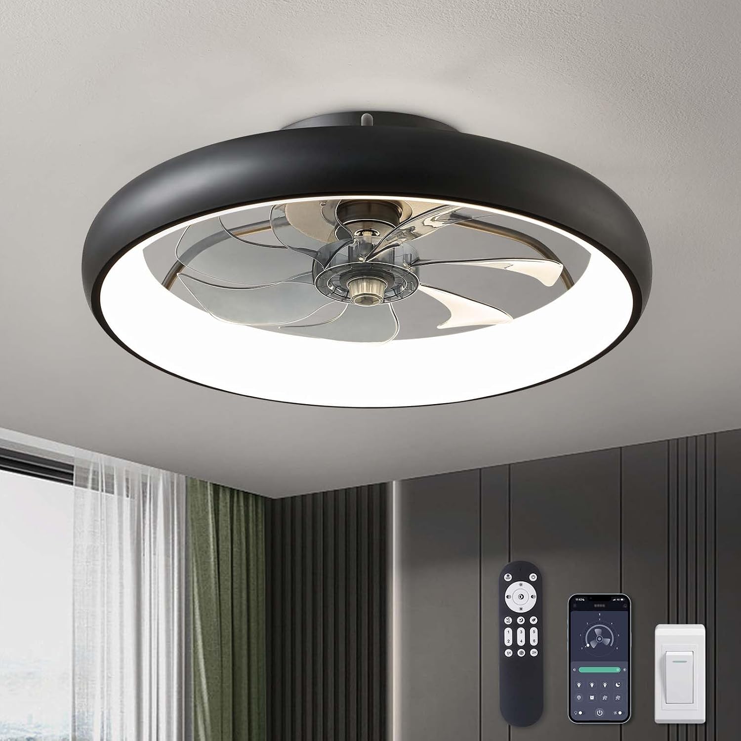 LUDOMIDE Ceiling Fans with Lights 20'' Flush Mount Fan Remote & APP Control Black Low Profile 6 Wind Speeds Smart Dimmable LED for Bedroom Living Room (Y1095-BK-ELE)