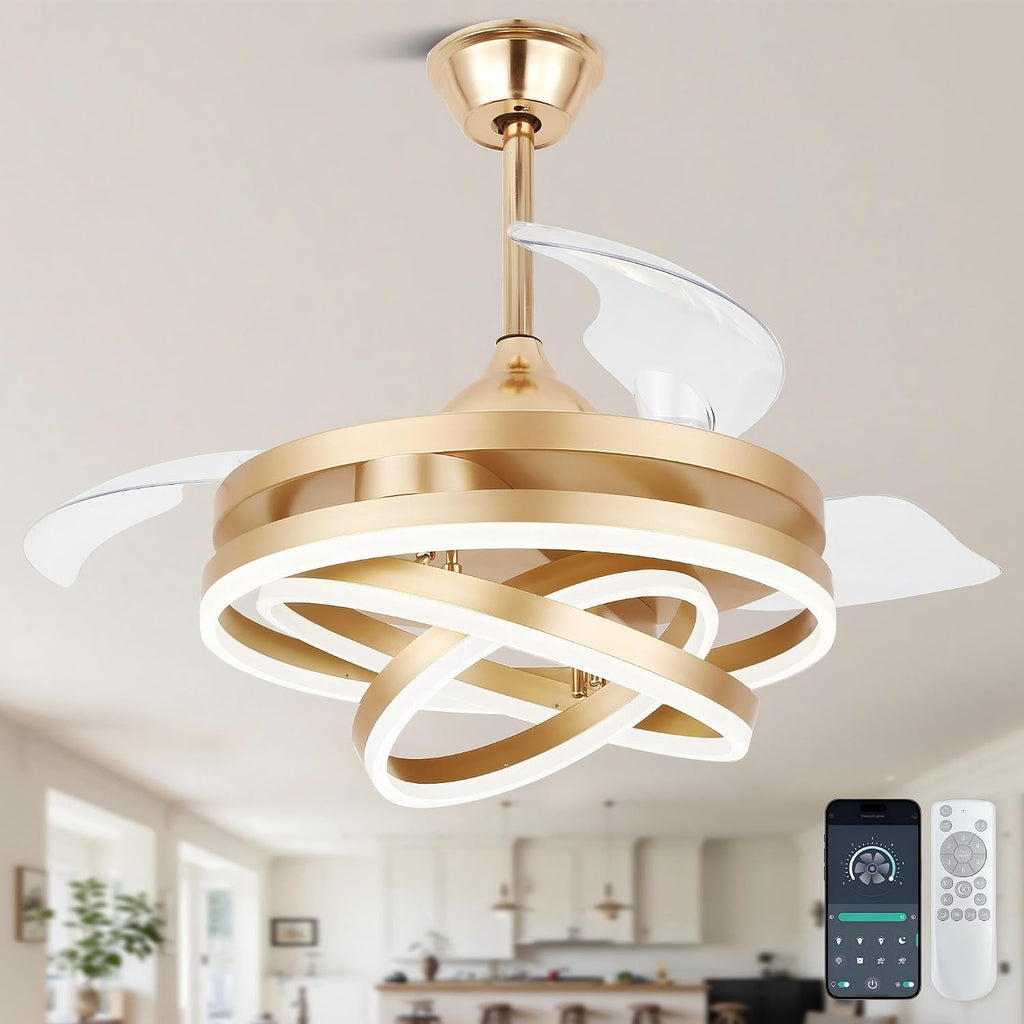 42' Gold Fandelier Ceiling Fan Retractable Ceiling Fan with Lights Remote Control, Modern Chandelier LED Light, Silent DC Motor Reversible 6 Speeds for Bedroom Living Room Kitchen