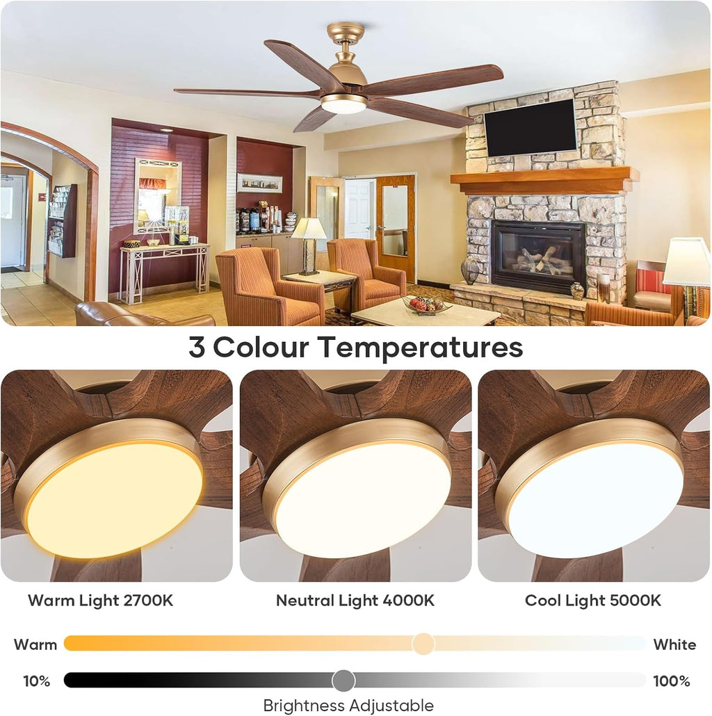 Ceiling Fans with Lights Remote Control, 60 Inch Gold Outdoor 5 Walnut Wood Blades Modern Ceiling Fan DC Reversible Motor for Patio Bedroom Living Room Farmhouse