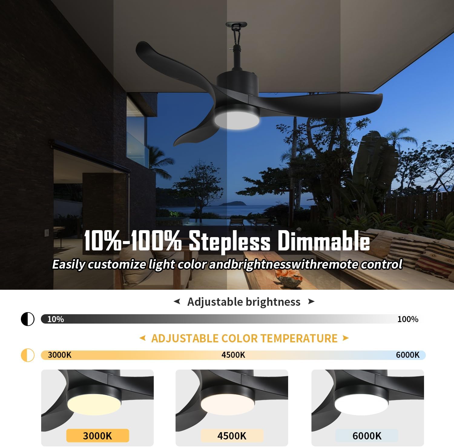 42 Inch Outdoor Ceiling Fan with Light, Plug In Waterproof Black Ceiling Fan for Patio Gazebo Pergola, Hanging Fan with Hook, Remote Control, 6-Speed Fan & Dimmable LED