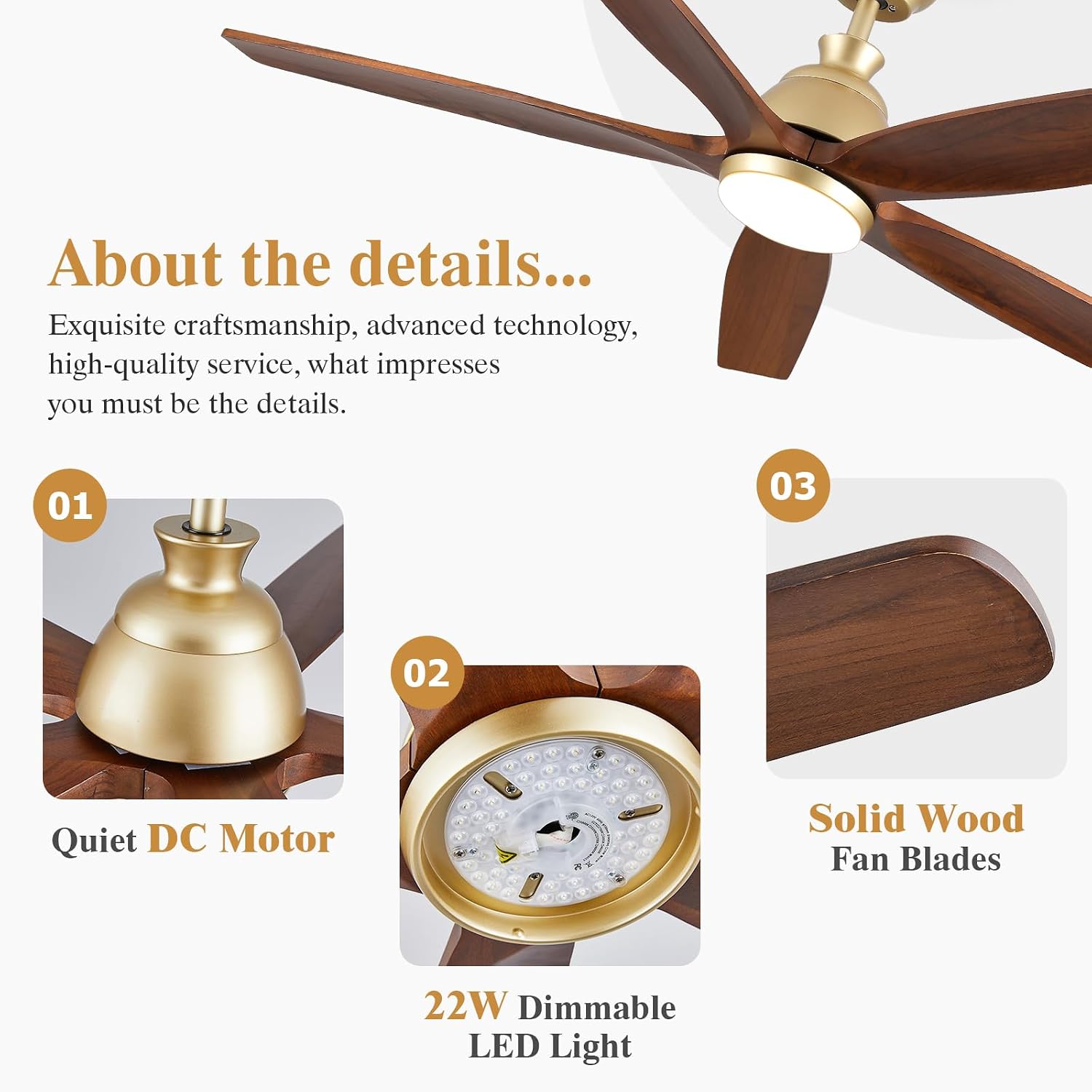 72 Inch Large Ceiling Fan with Light, Rustic Farmhouse Walnut Wood Ceiling Fan with Quiet DC Motor, 3 Color Temperature, High CFM Gold Ceiling Fans for Commercial Living Room
