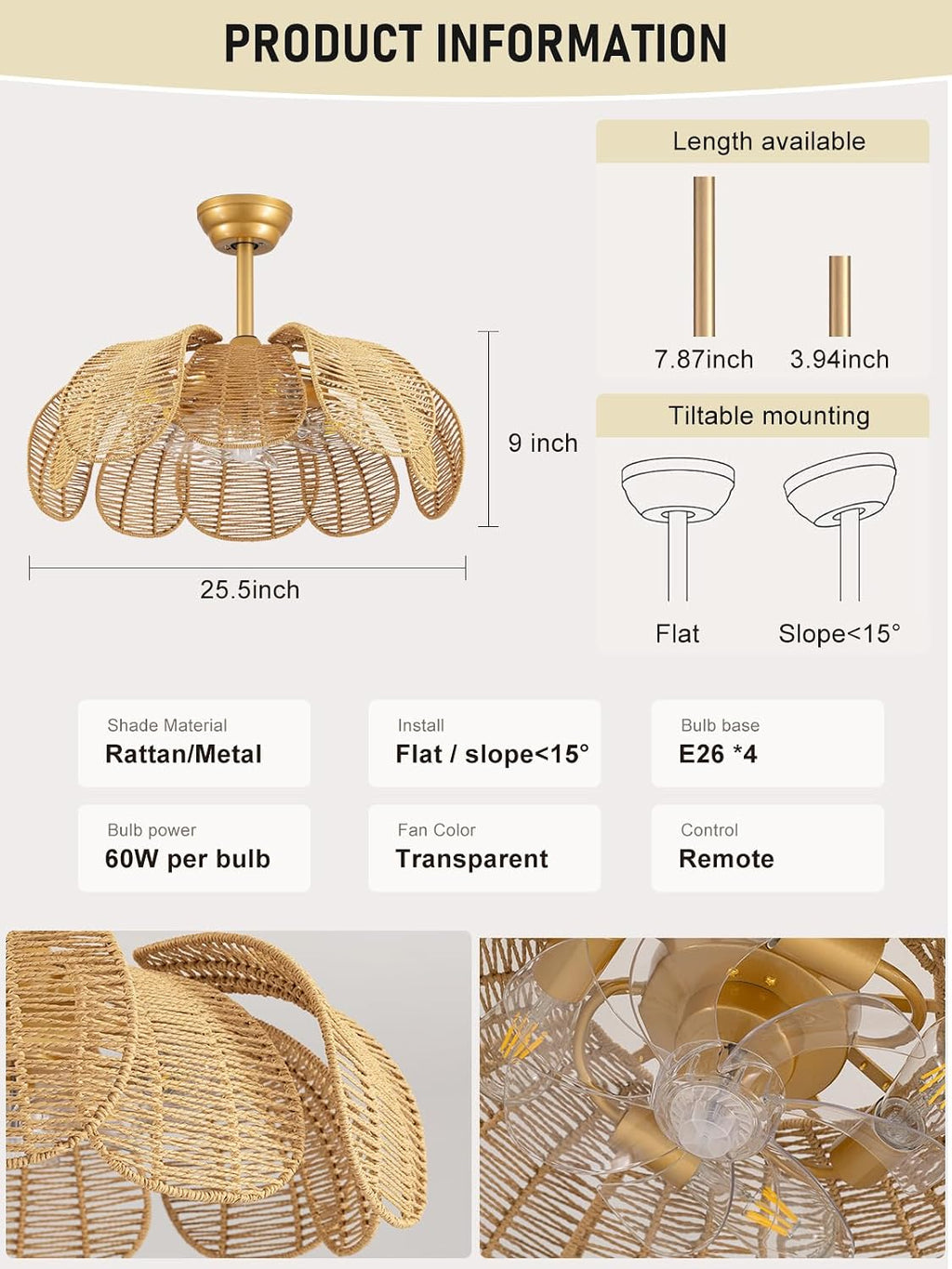 26'Rattan Fandelier Ceiling Fan with Light,Flower Boho Ceiling Fan with Light and Remote,Black Farmhouse Chandelier Fan for Bedroom, Living Room,Kitchen,Foyer(6 Speed, Timing Adjustable Height)