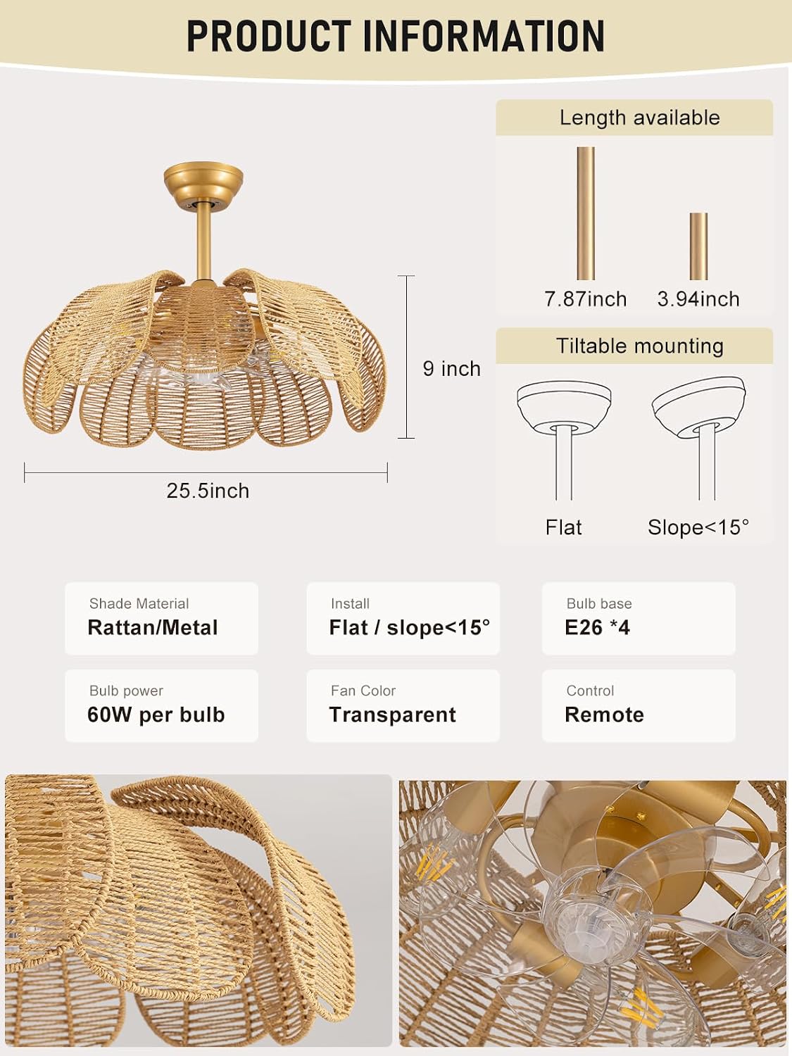 26'Rattan Fandelier Ceiling Fan with Light,Flower Boho Ceiling Fan with Light and Remote,Black Farmhouse Chandelier Fan for Bedroom, Living Room,Kitchen,Foyer(6 Speed, Timing Adjustable Height)