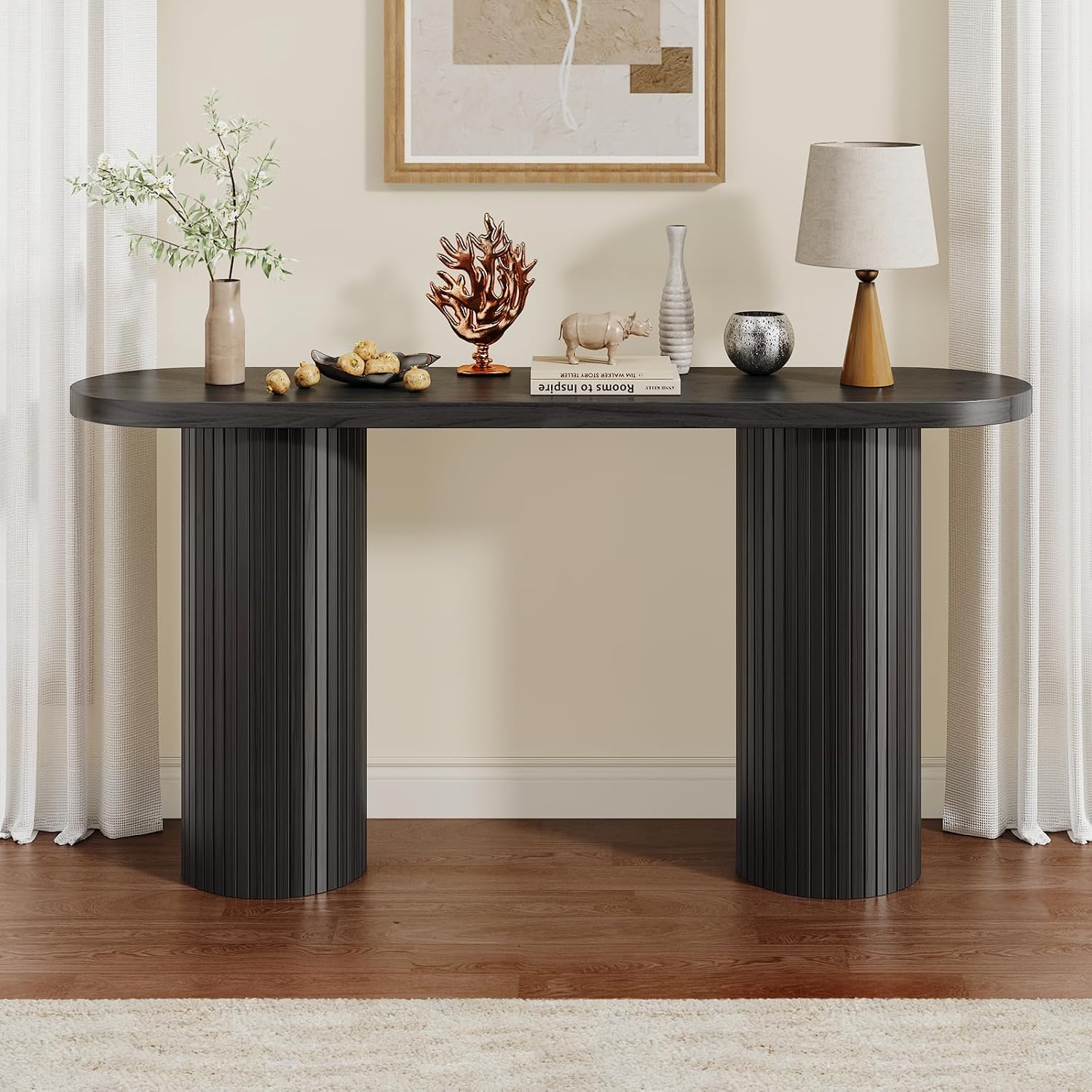 55 Inch Entryway Console Table, Fluted Sofa Table Behind The Couch, Mid-Century Modern Foyer Curved Table, Narrow Long Hallway Tables, Wooden Accent Home Decor Furniture for Living Room, Black