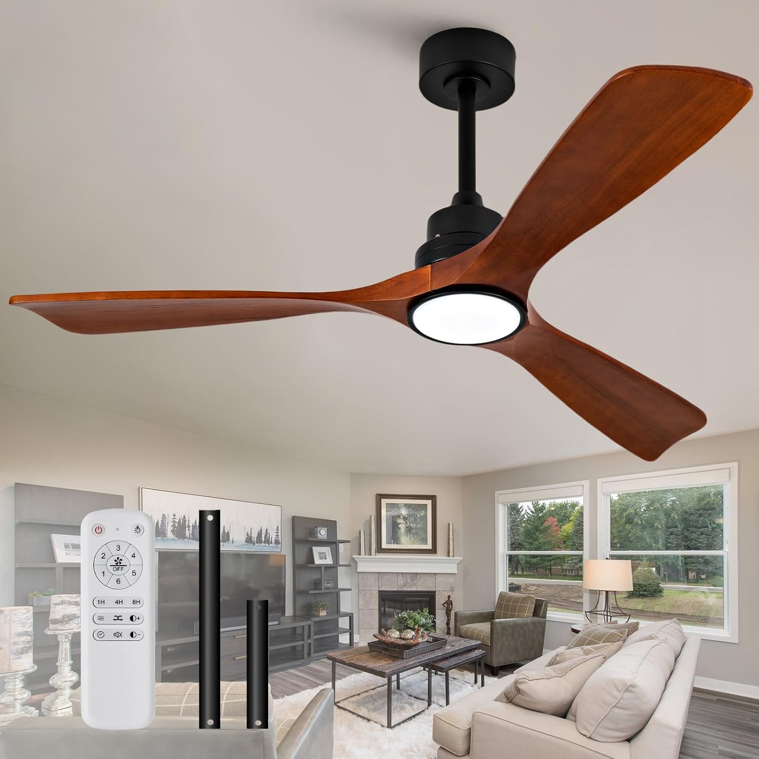 ZVL 60 Inch Ceiling Fans with Lights and Remote Control, Solid Wood Blades, 6 Speed Reversible DC Motor, Dimmable, Timer, Indoor Outdoor Ceiling Fan for Bedroom Living Room Patios