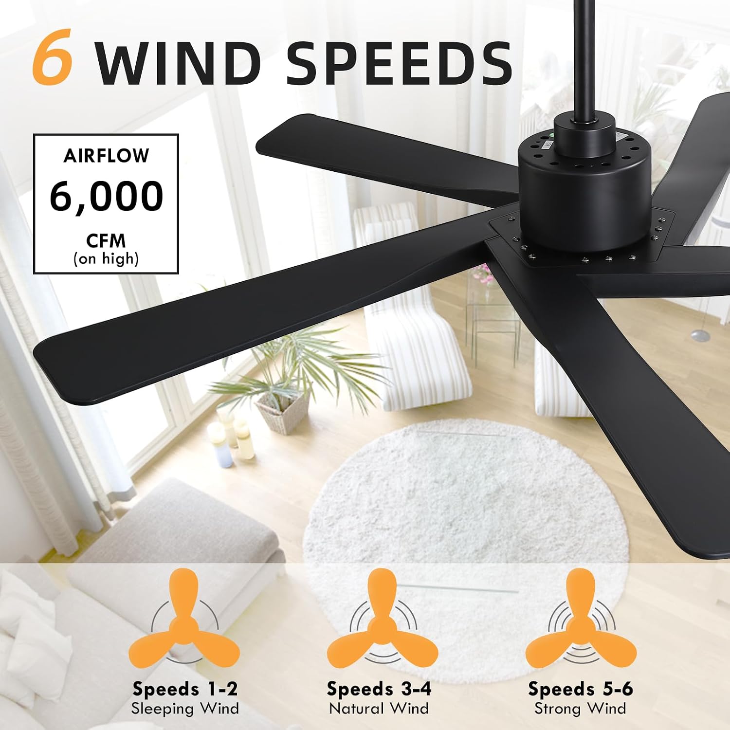 WINGBO 54' ABS DC Ceiling Fan No Light, 5 Blade ABS Plastic Ceiling Fan with Remote, 6-Speed Reversible DC Motor, Ceiling Fans without Light for Kitchen Bedroom Living Room, Matte Black