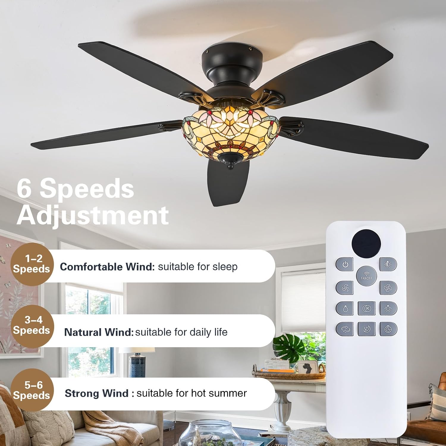 Tiffany Ceiling Fans with Lights - 52' Ceiling Fan Chandelier with 5 Dual-Blades and Glass Shade, 6 Speeds and Reversible, Indoor and Outdoor, Retro Style