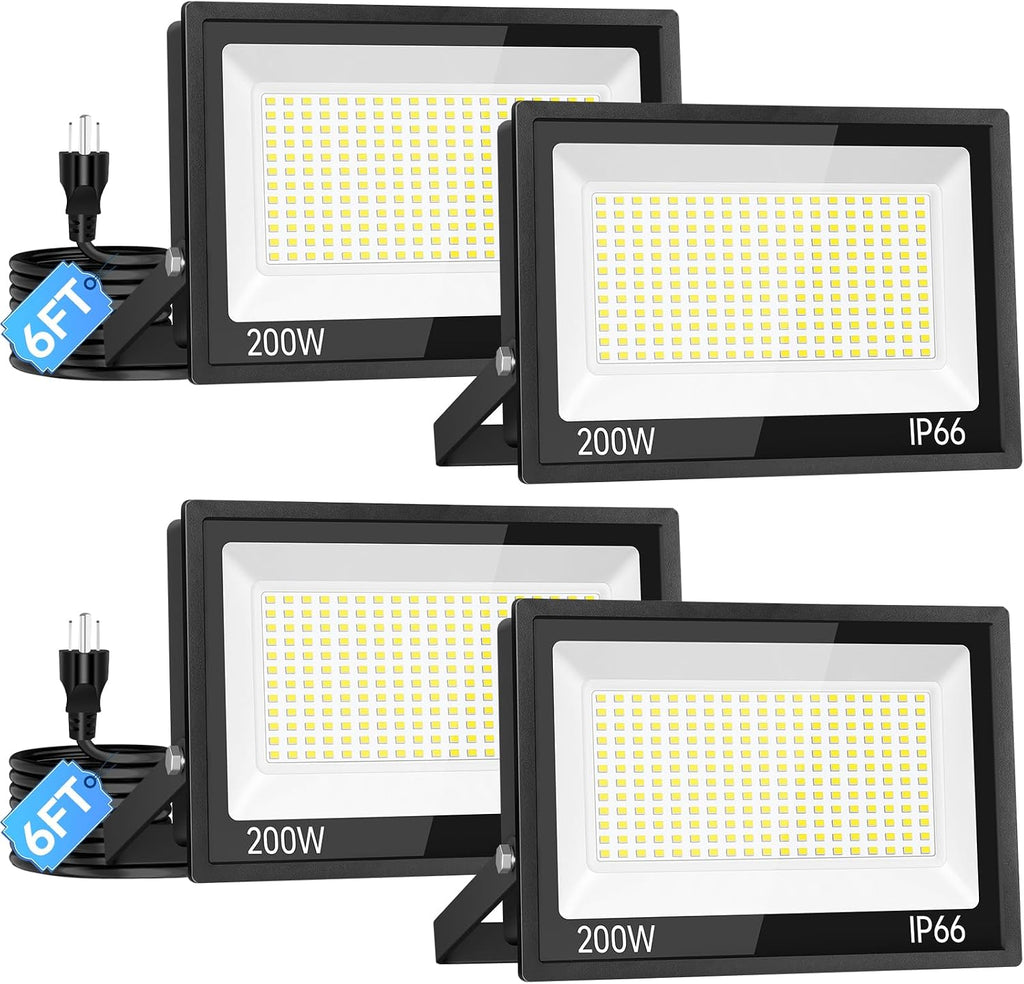ISUERFY 4Pack 200W LED Flood Light Outdoor with Plug, 24000Lm Super Brighter Security Light, IP66 Waterproof LED Worklight, 5000K Daylight White Exterior Floodlight for Yard Garden Garage Stadium