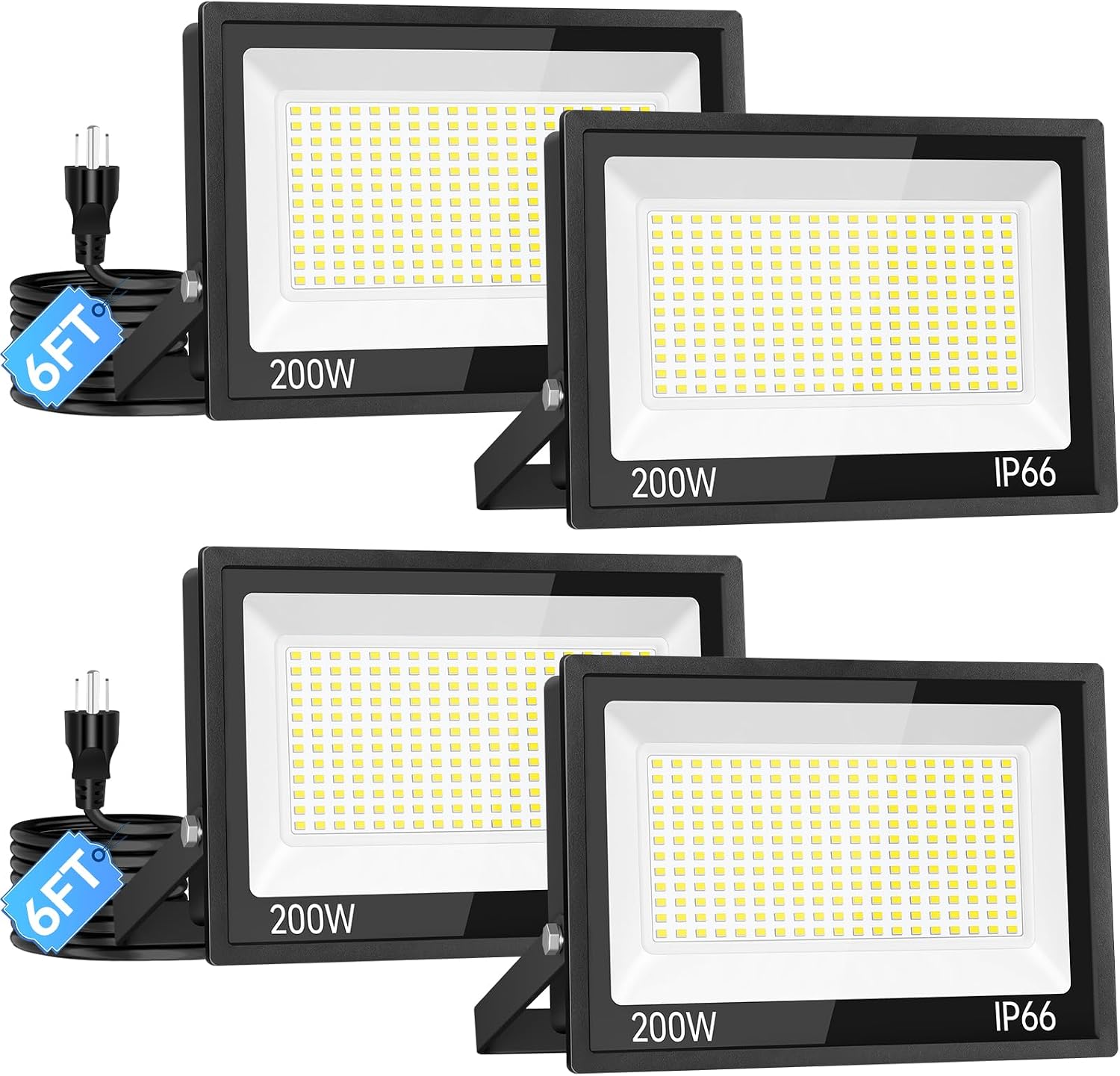 ISUERFY 4Pack 200W LED Flood Light Outdoor with Plug, 24000Lm Super Brighter Security Light, IP66 Waterproof LED Worklight, 5000K Daylight White Exterior Floodlight for Yard Garden Garage Stadium