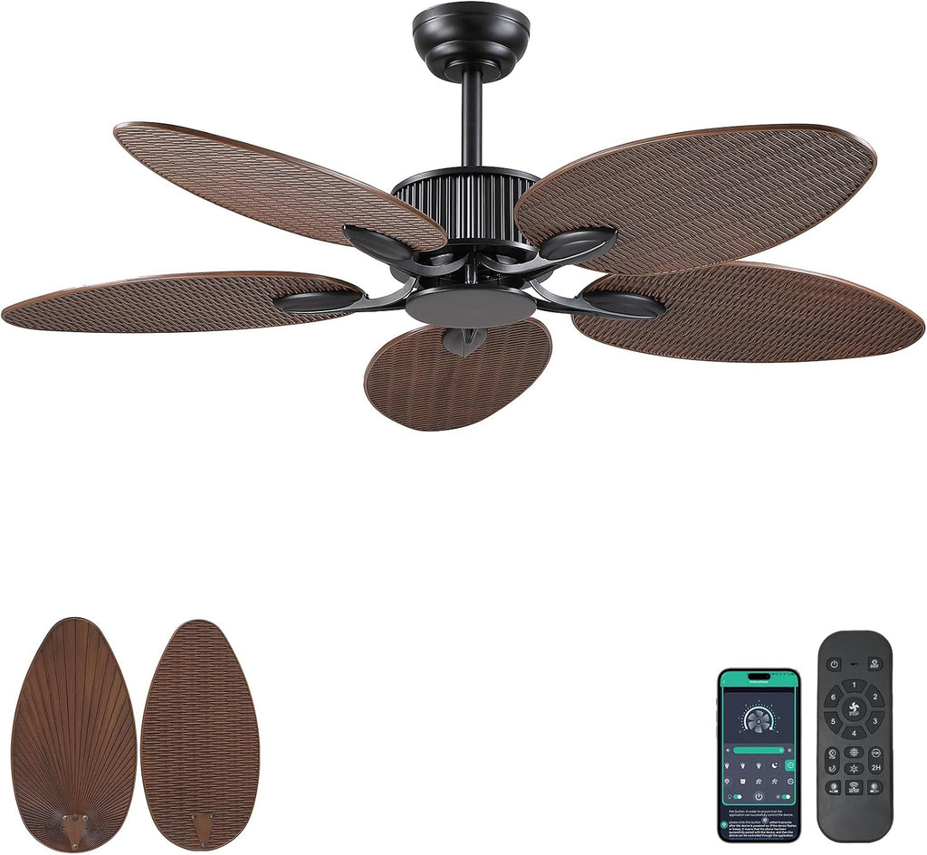 Wiviniya 50 Inch Tropical Ceiling Fan no Light, Palm Leaf Waterproof Outdoor Ceiling Fans for Patios Porch, Remote/APP Control, Wet Rated, 6 Speeds, Reversible Quiet DC Motor, Dark Brown