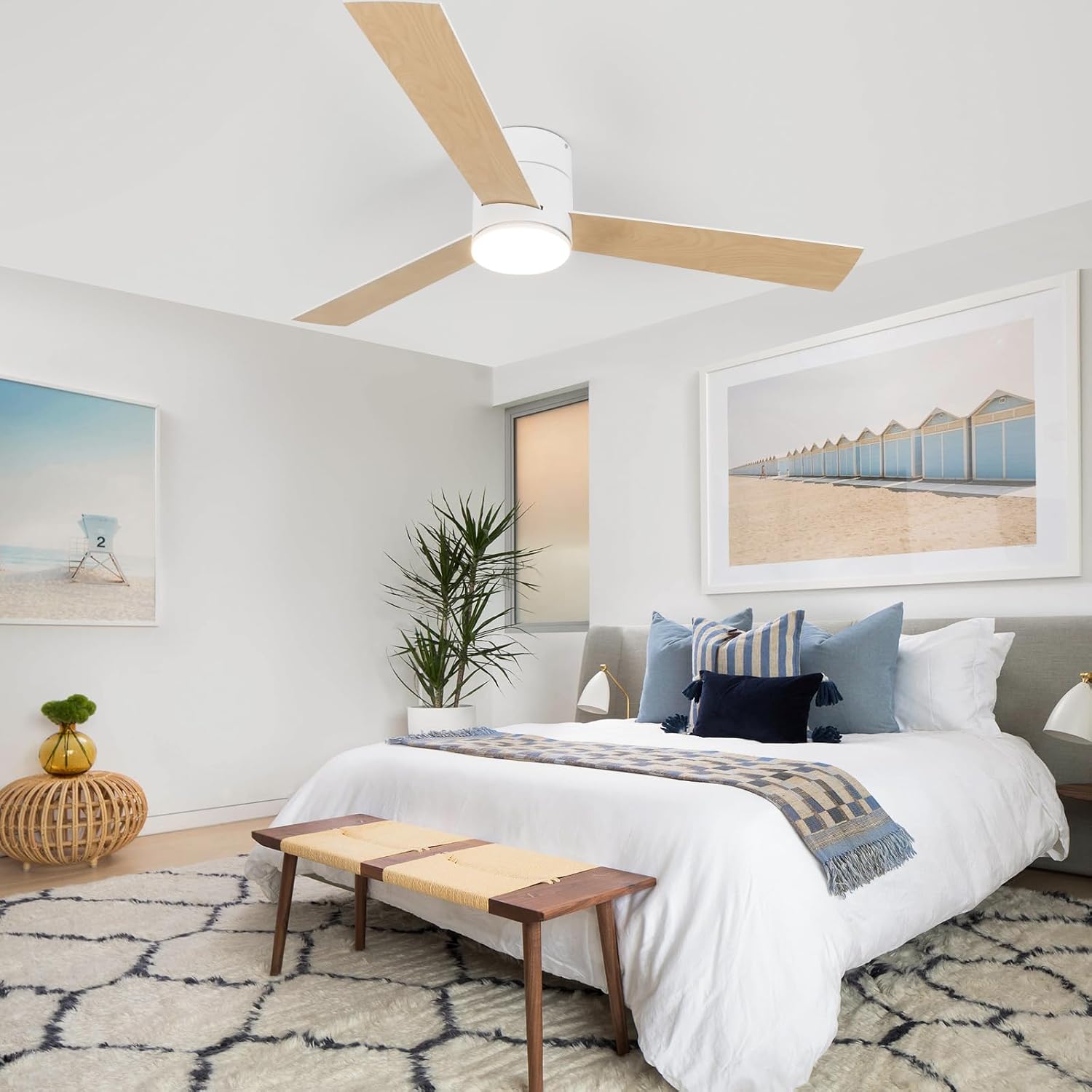 GESUM Flush Mount Ceiling Fan with Lights, 52' Low Profile Ceiling Fans with Remote Control, Dimmable, Quiet DC Motor, Reversible, Outdoor Ceiling Fans for Patios Bedroom Kitchen Porch